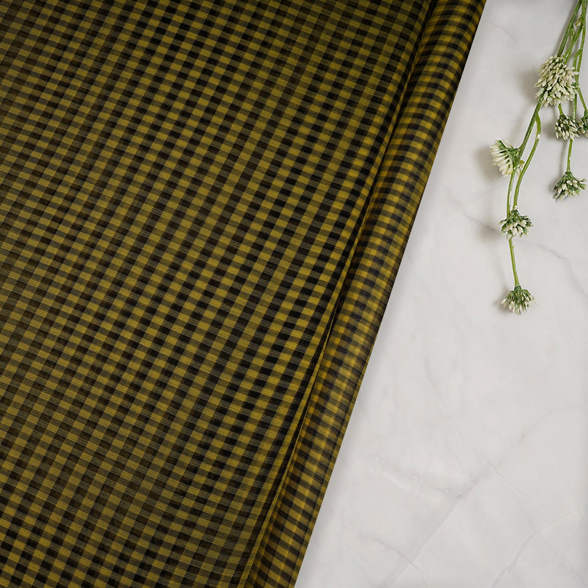 Yellow-Black Check Pattern Chiffon Silk Fabric