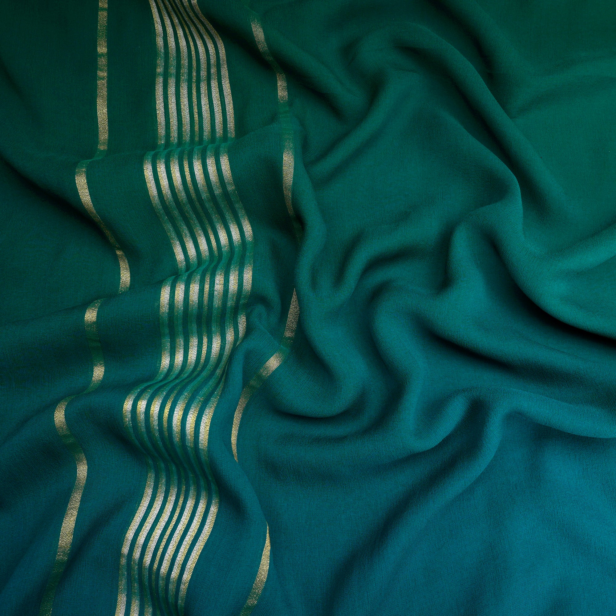 Green Ombre Dyed Georgette Silk Fabric with Zari Border