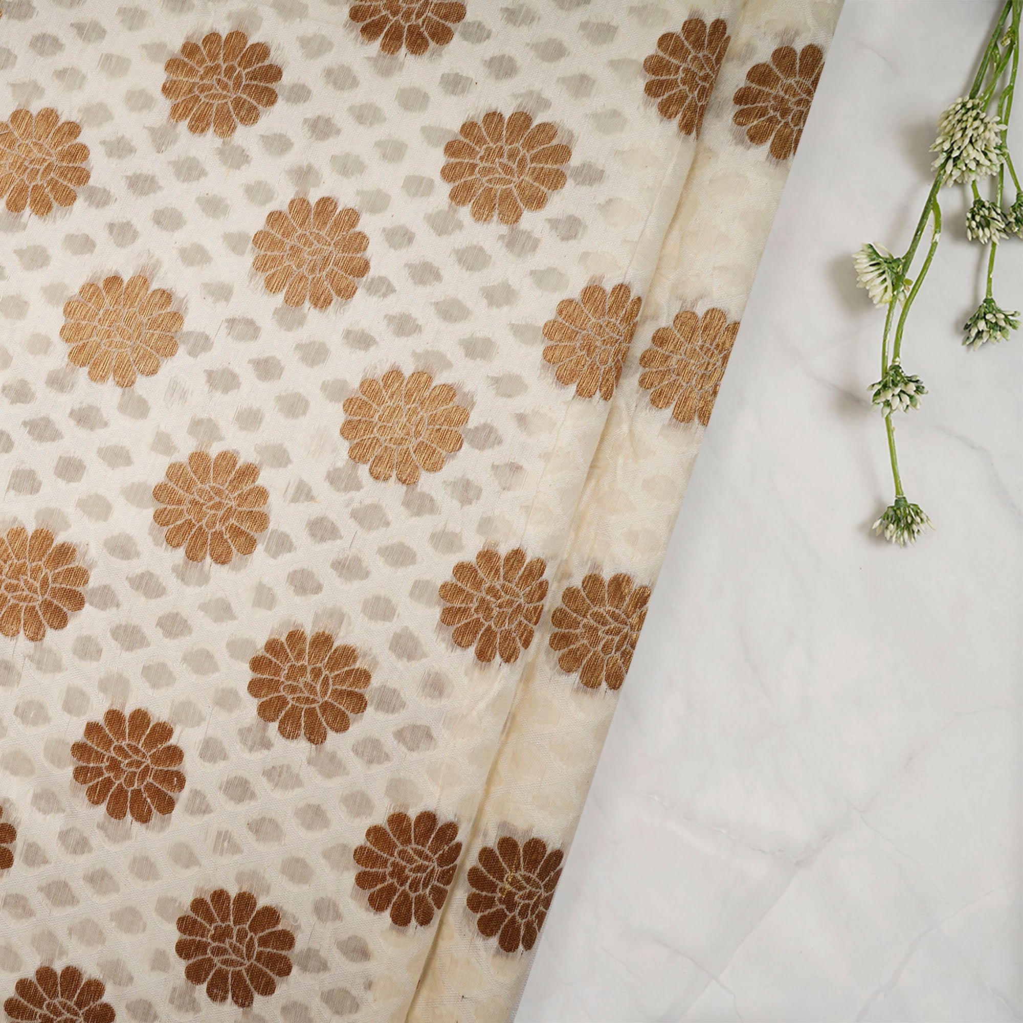 White and Golden Color Chanderi Jacquard Fabric