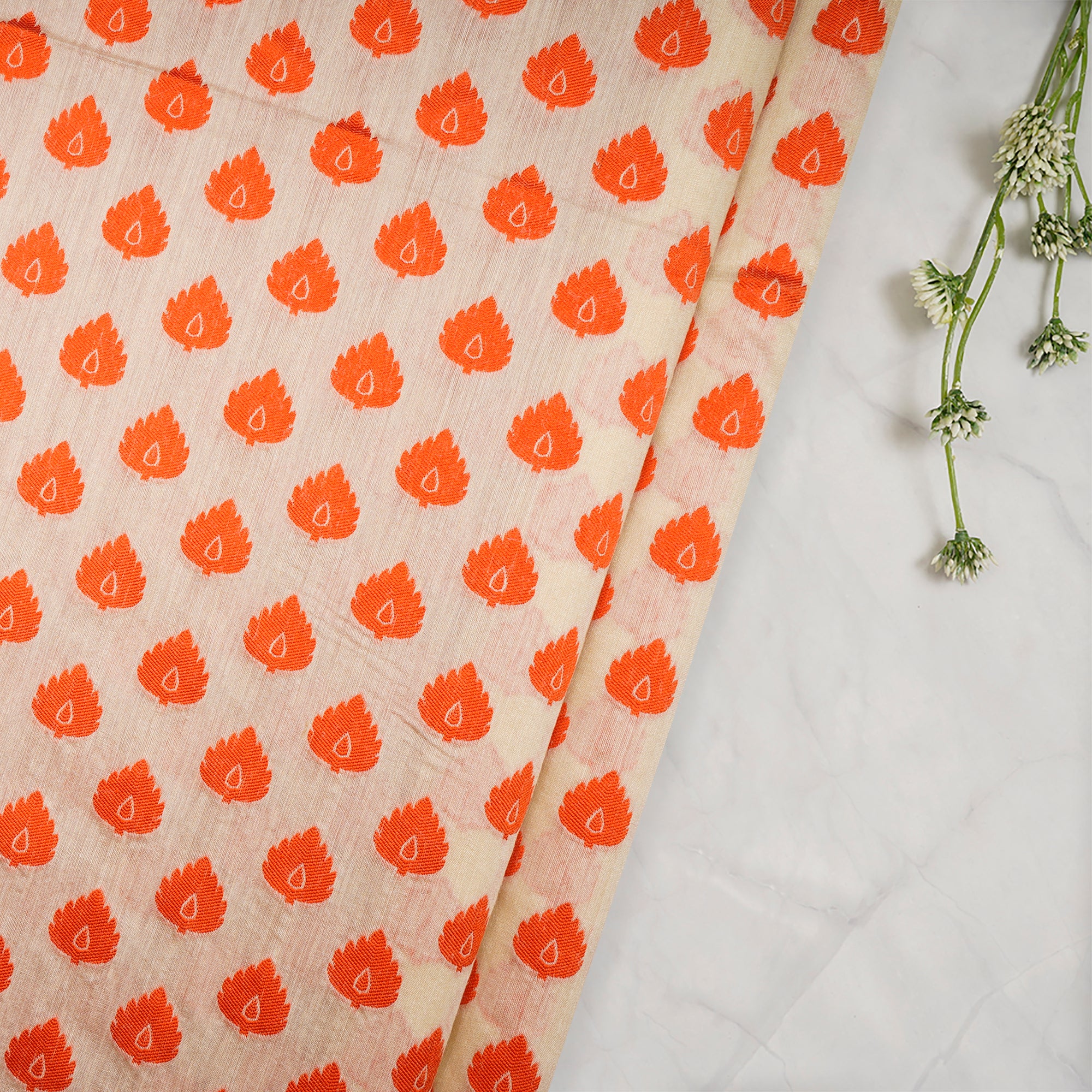 Beige-Orange All Over Print Pattern Jaquard Muga Silk Fabric
