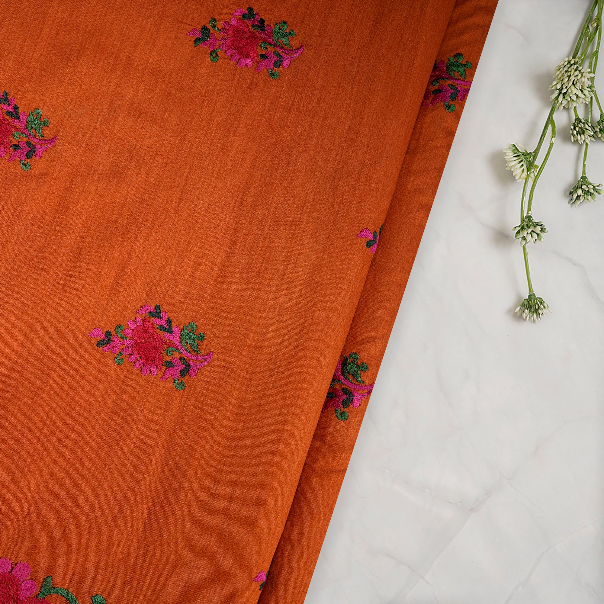 Orange-Pink Color Embroidered Natural Silk Fabric