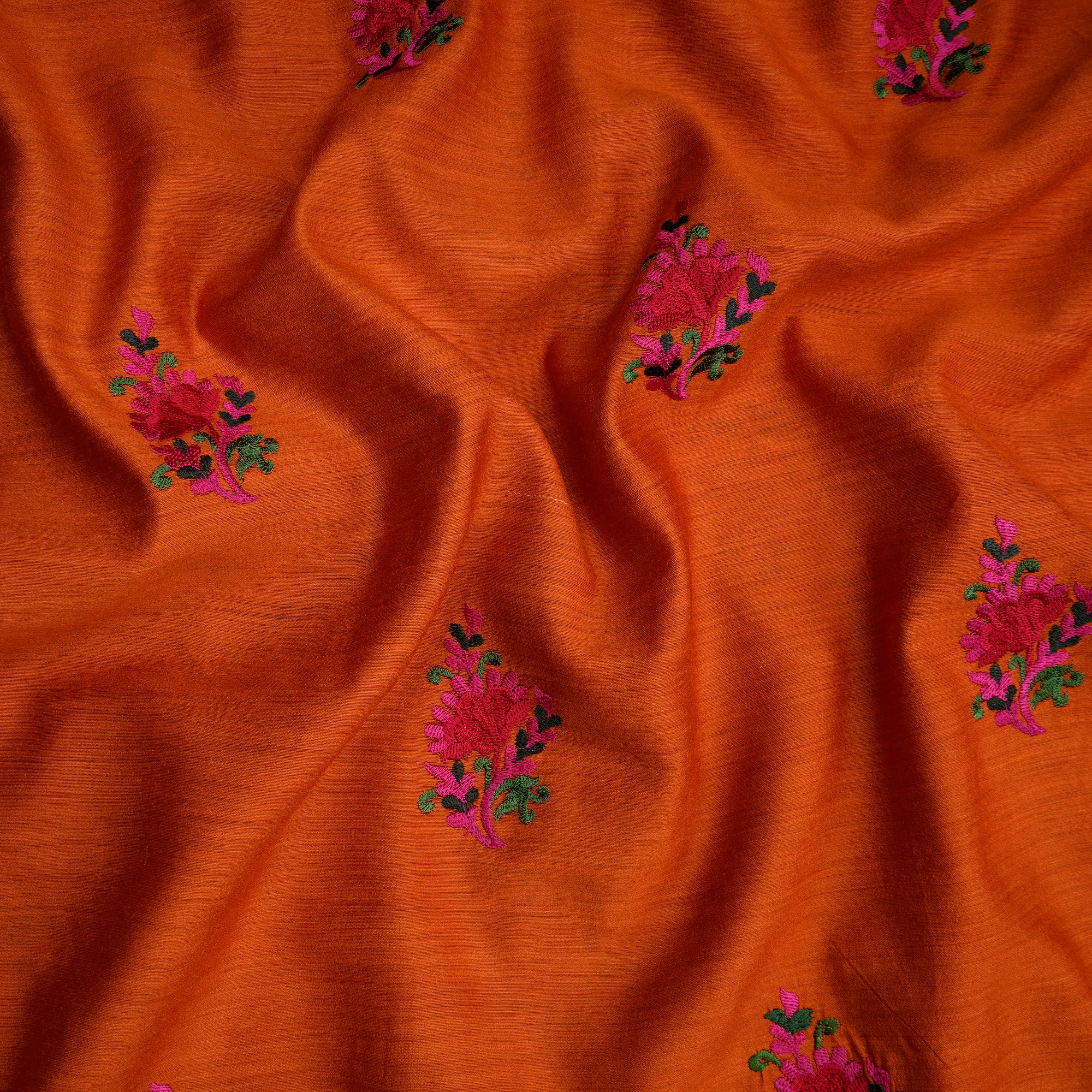 Orange-Pink Color Embroidered Natural Silk Fabric