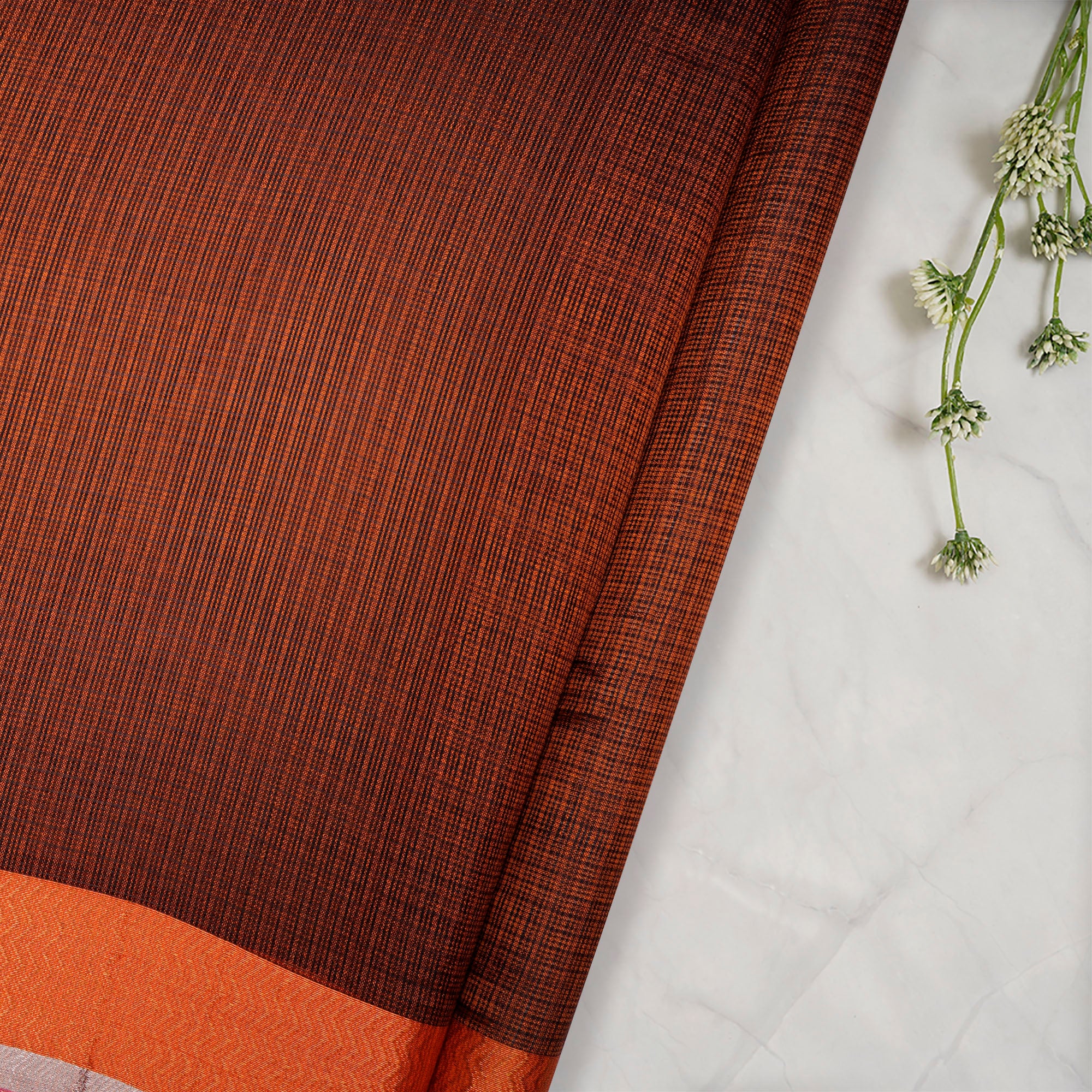 Brown-Pink Color Handwoven Kota Silk Fabric With Zari Border