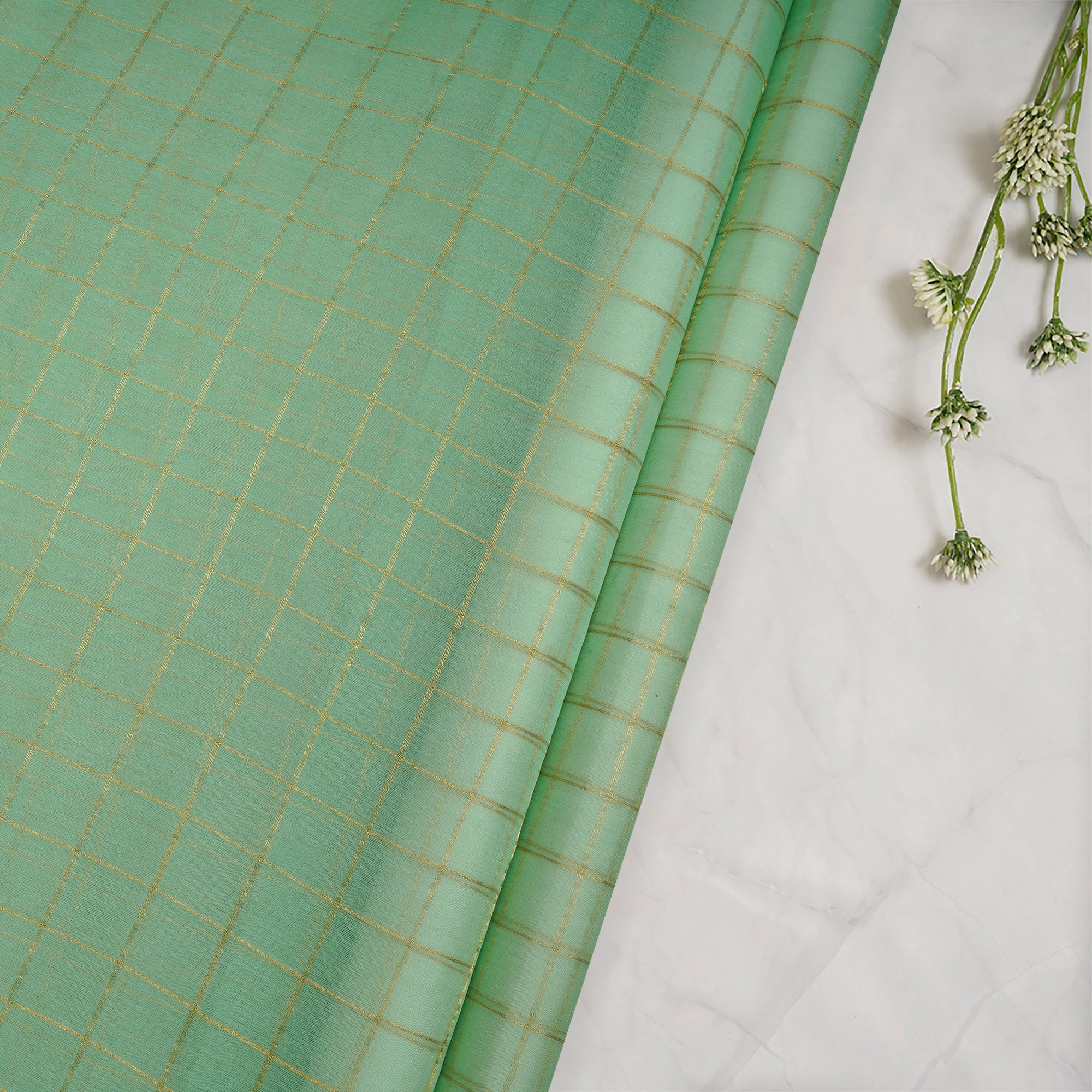 Green Ass Dyed Check Pattern Handwoven Fancy Organza Silk Fabric