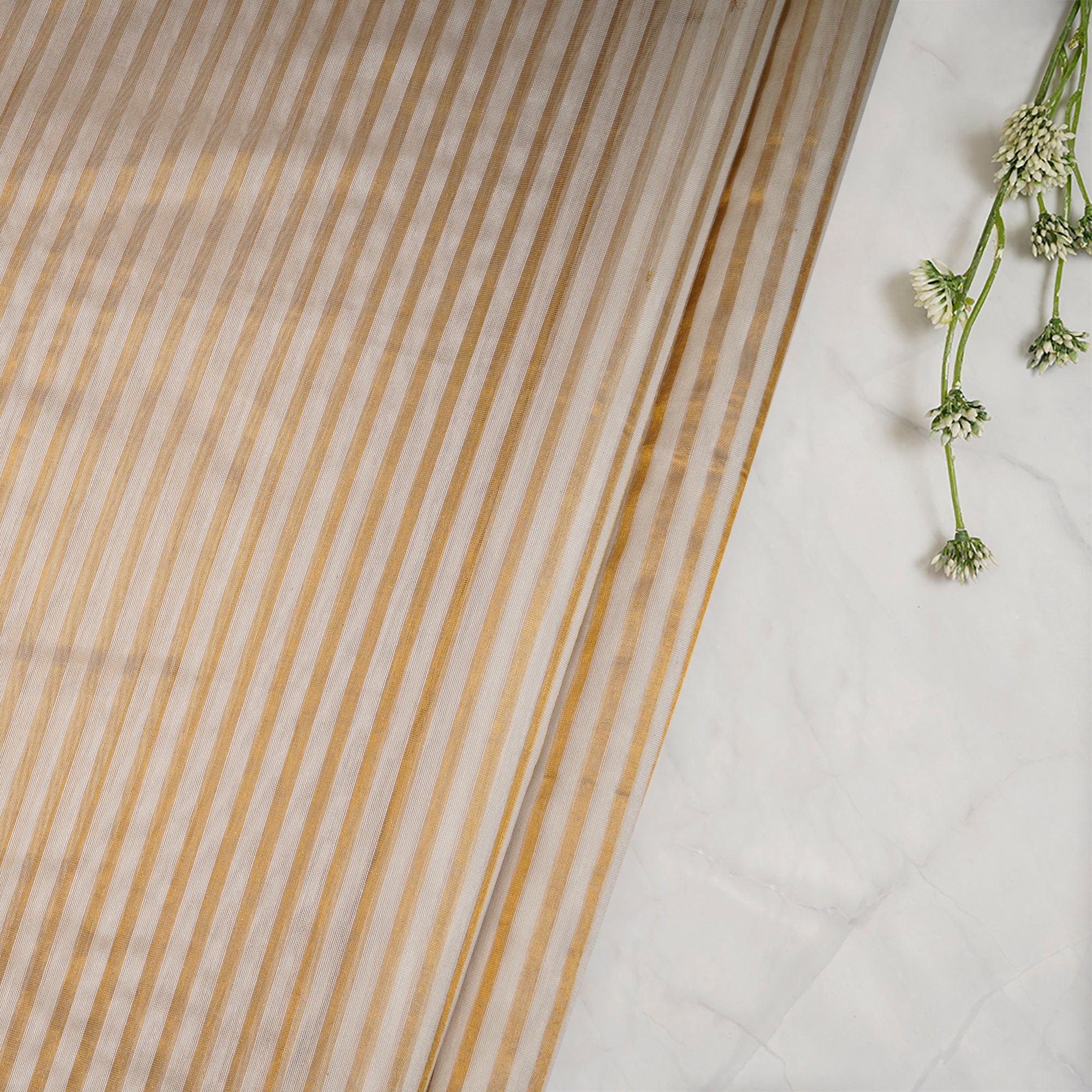 Off-White Color Fancy Zari Striped Chanderi Dyeable Fabric