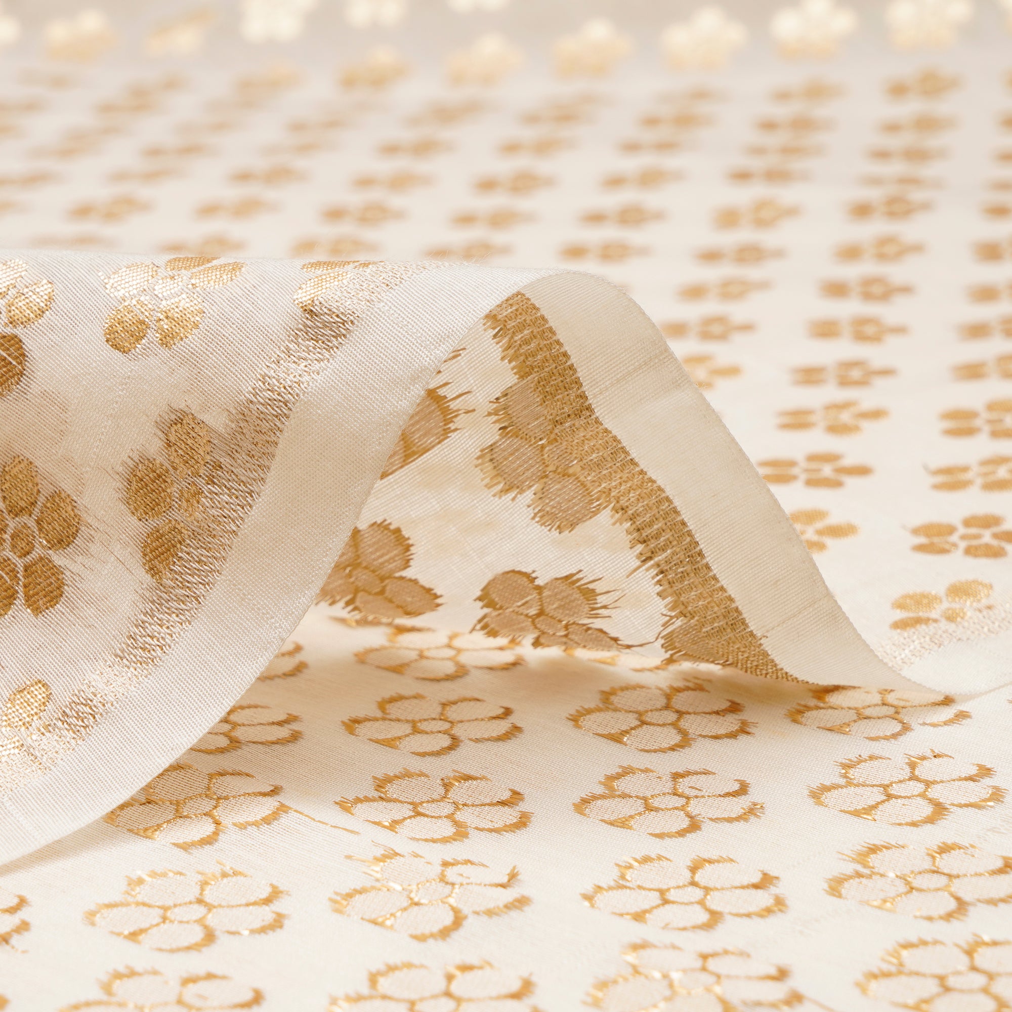 White-Gold Handwoven Blended Banarasi Cotton Jacquard Fabric