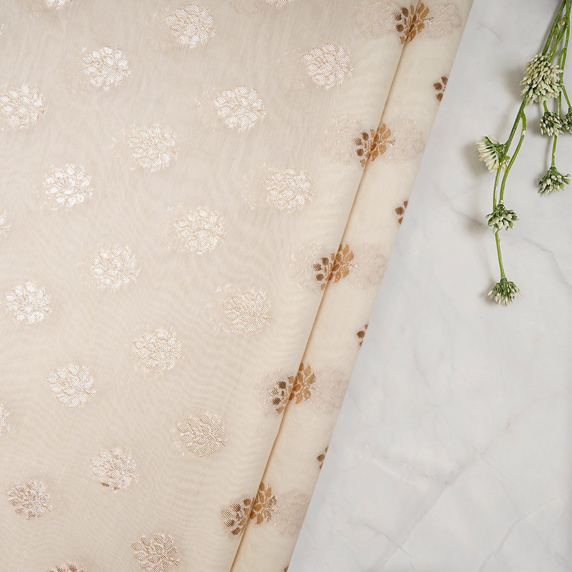 Cream Handwoven Blended Banarasi Cotton Jacquard Fabric