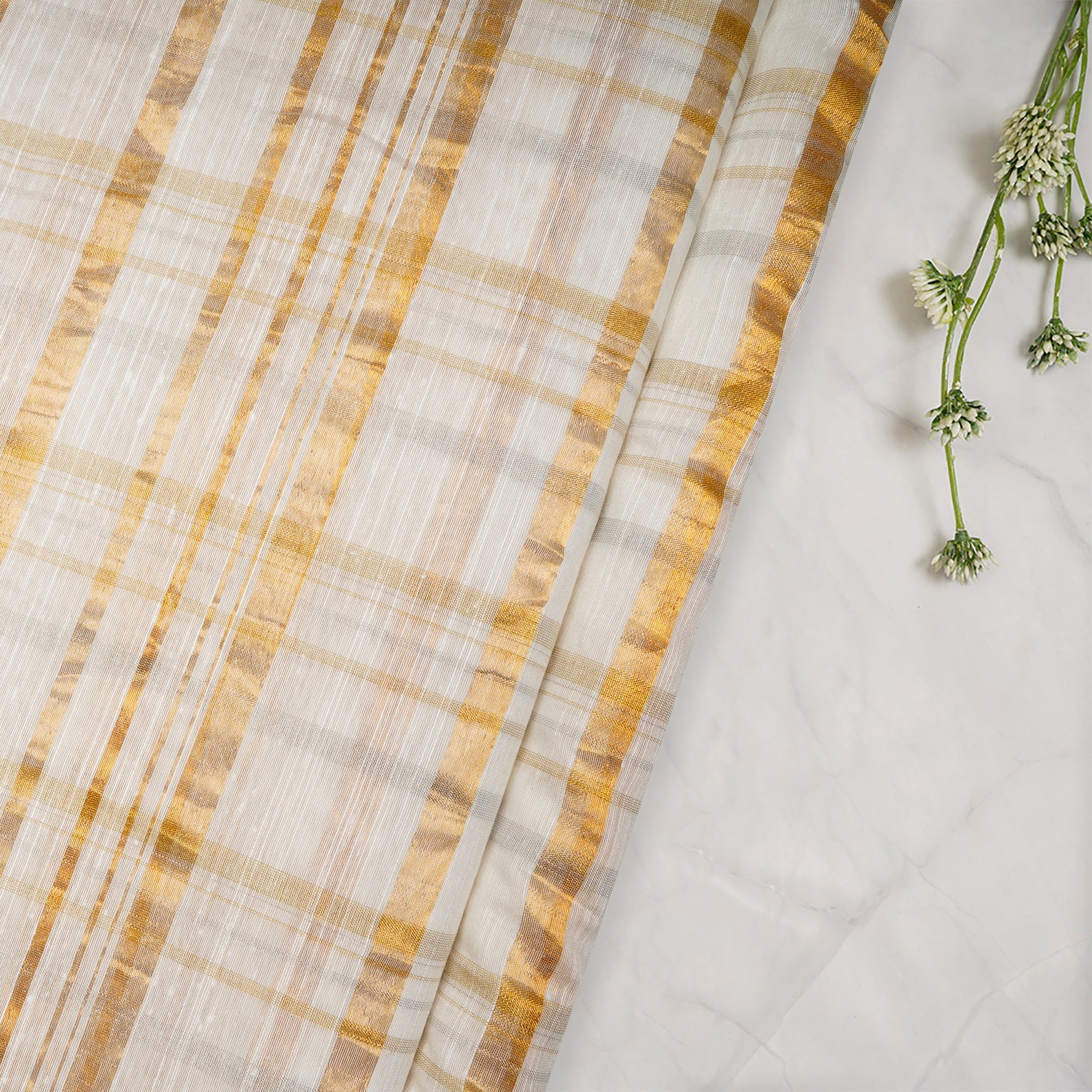 White-Gold Dyeable Check Pattern Fancy Viscose Raw Silk Zari Fabric