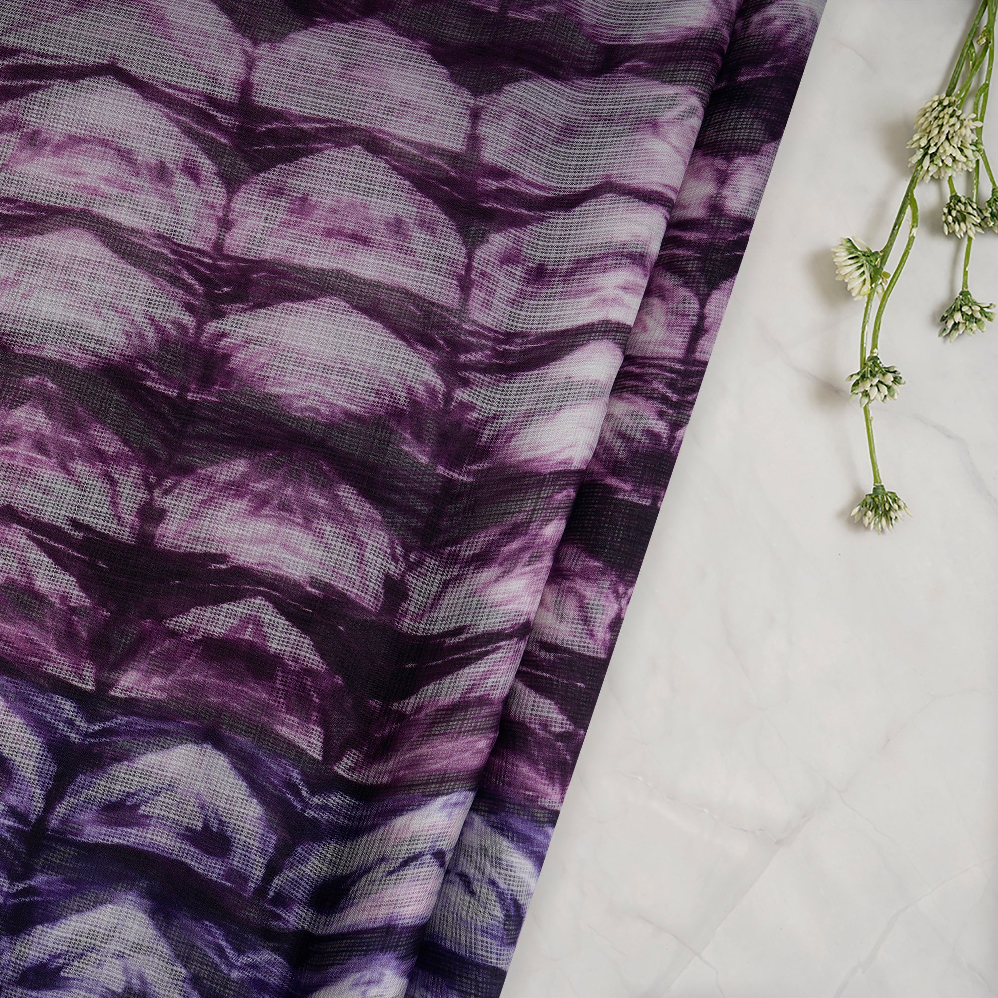 Purple-White Color Digital Printed Tussar Kota Silk Fabric