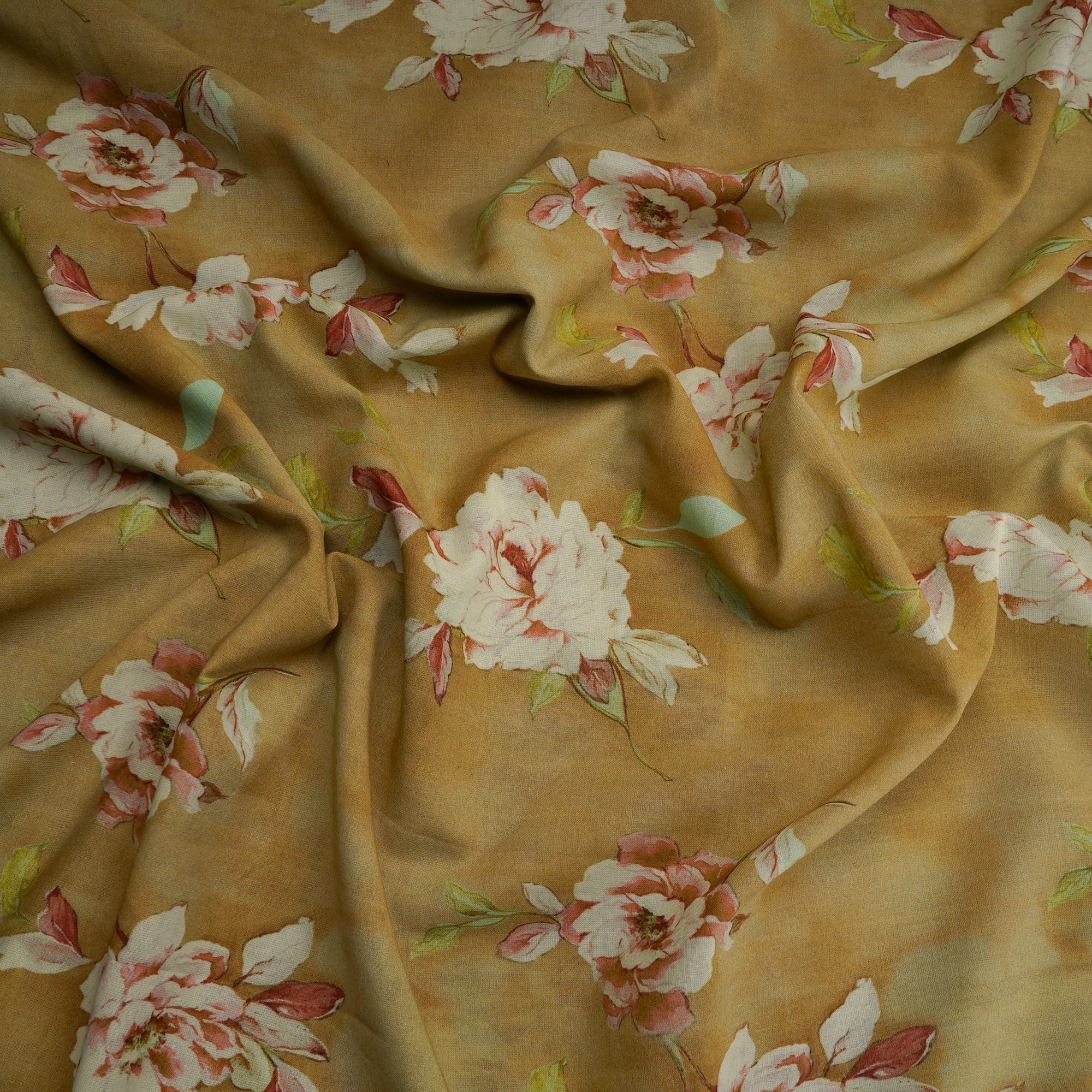 Antique Gold Floral Pattern Digital Print Twist Voile Fabric