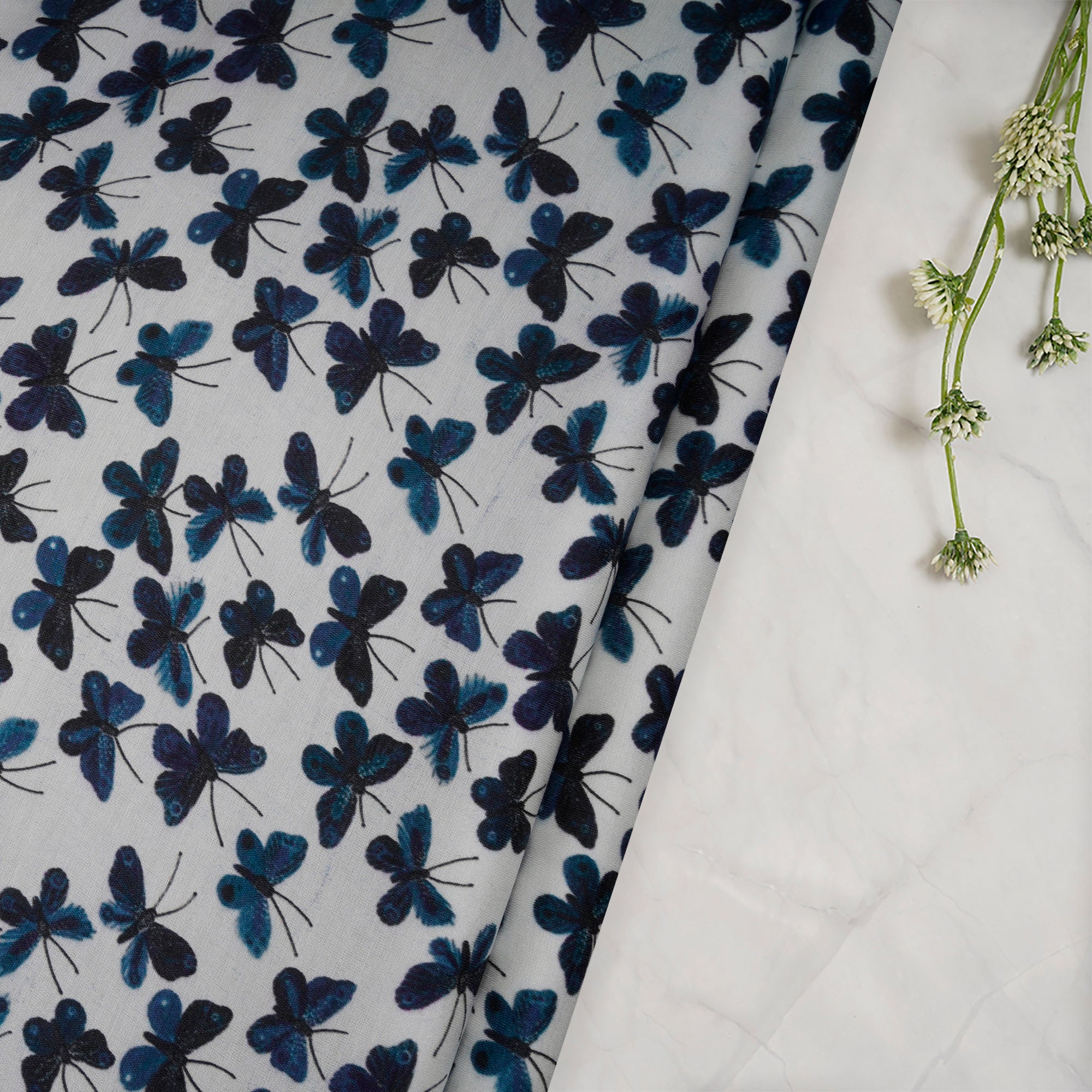 White-Blue All Over Pattern Digital Print Bemberg Cotton Satin Fabric