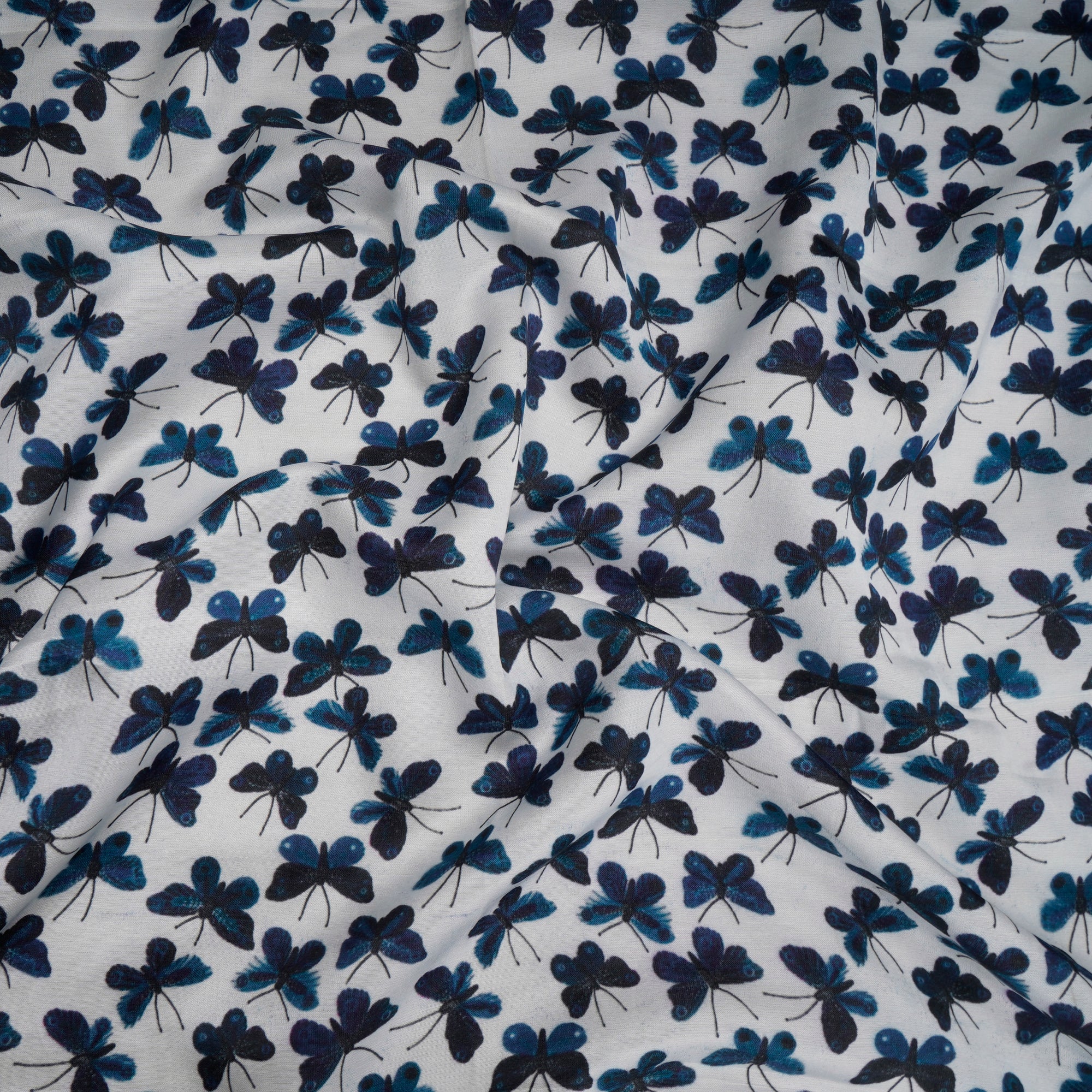 White-Blue All Over Pattern Digital Print Bemberg Cotton Satin Fabric