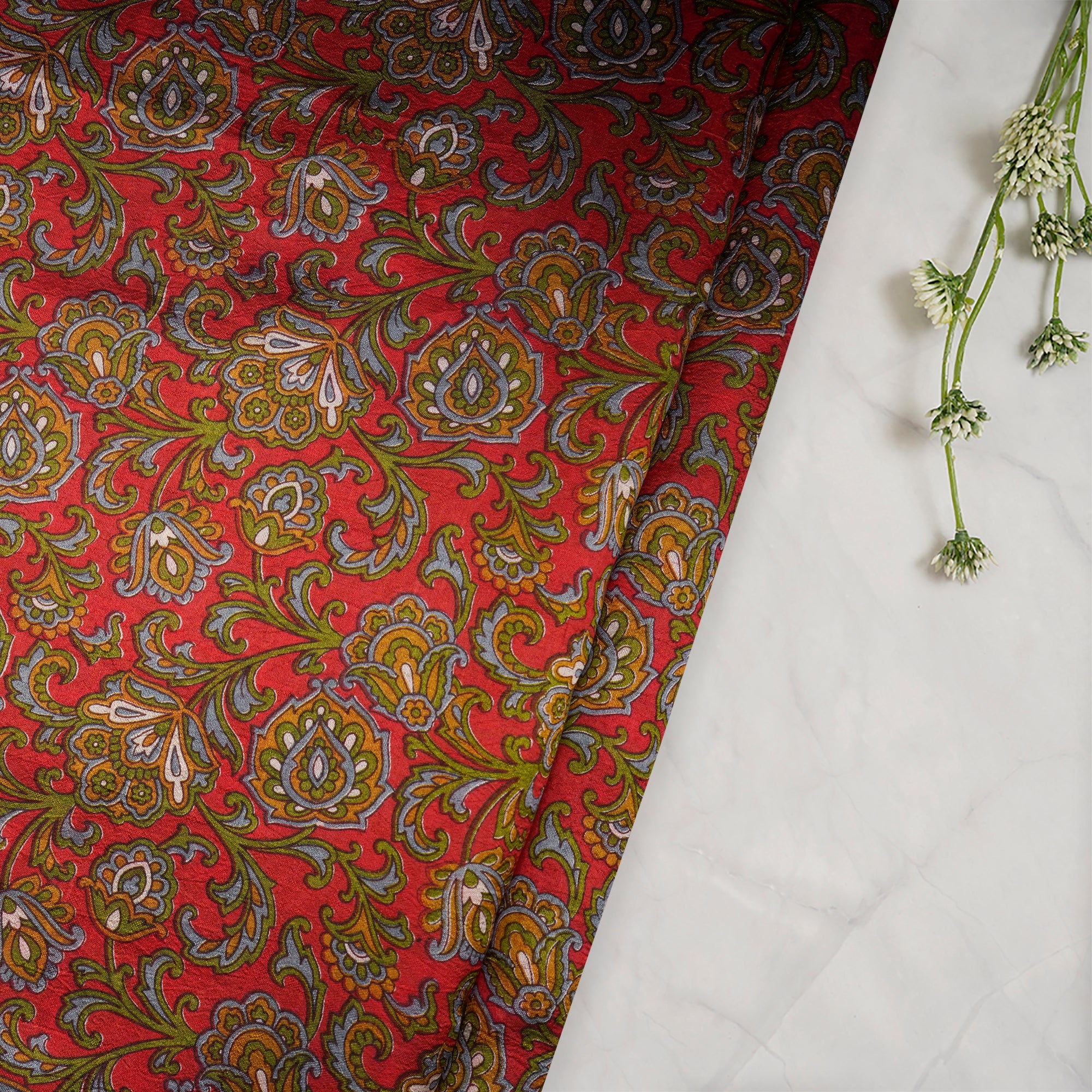 Red-Green Color Printed Dupion Silk Fabric