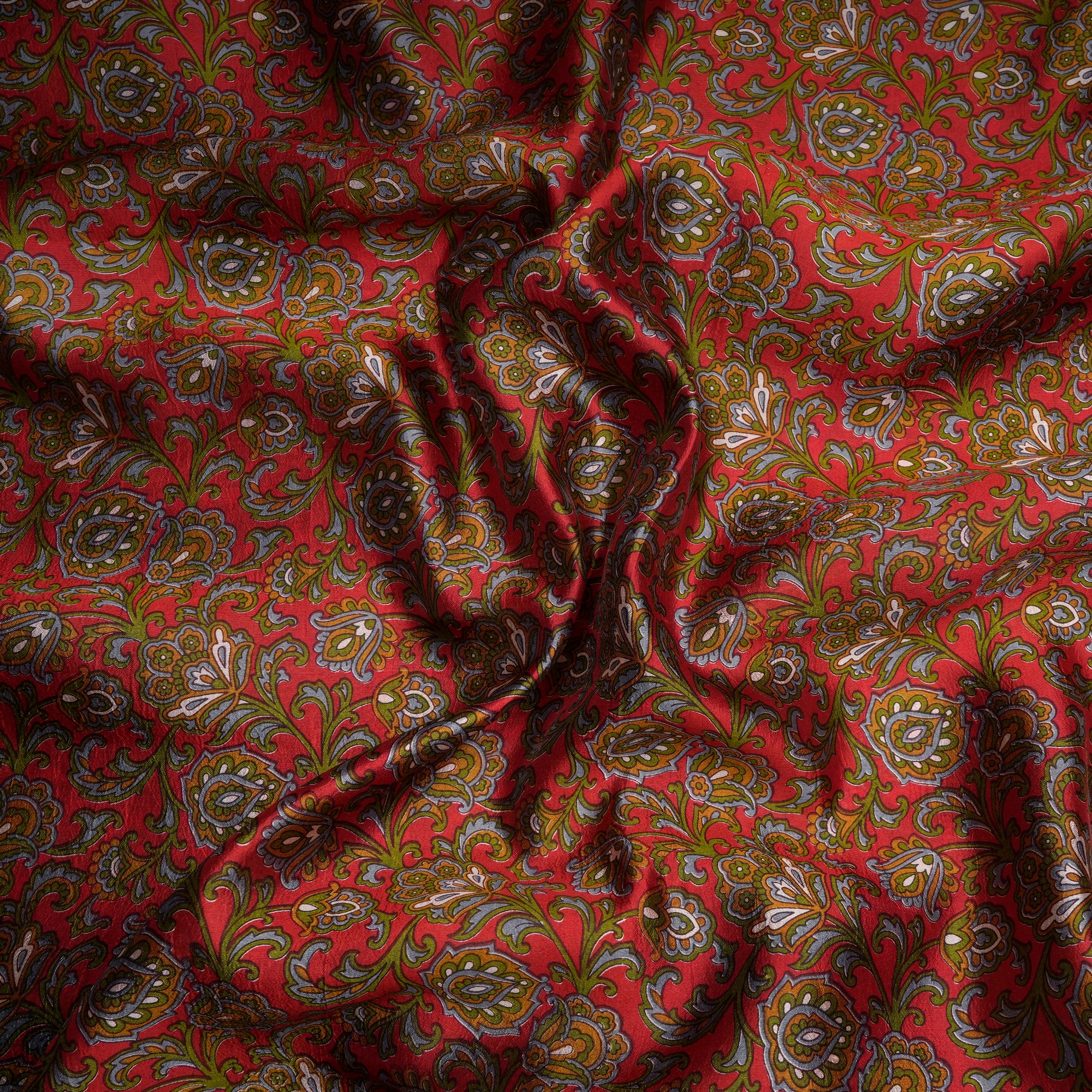 Red-Green Color Printed Dupion Silk Fabric