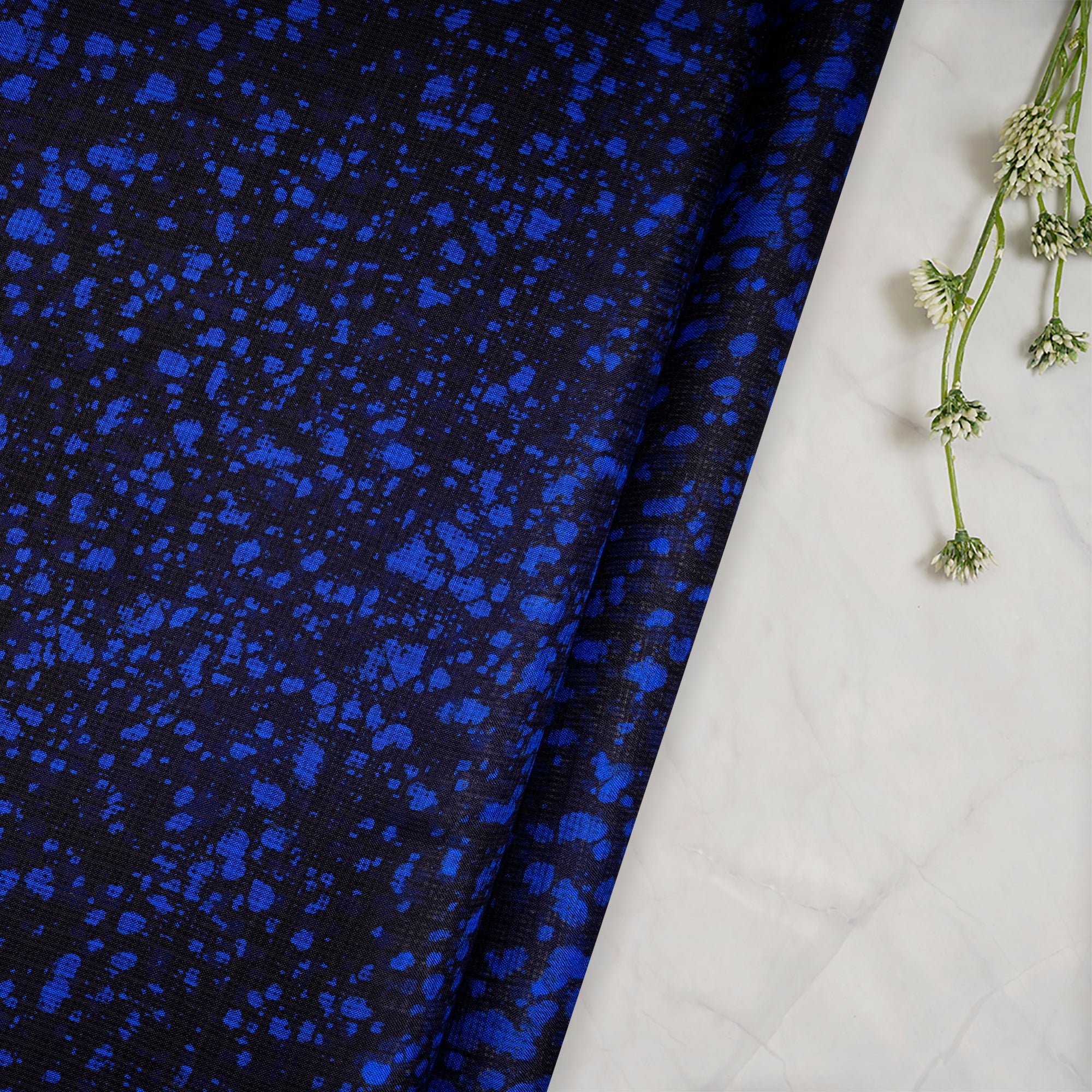 Black and Blue Color Tie and Dye Printed Kota Silk Fabric