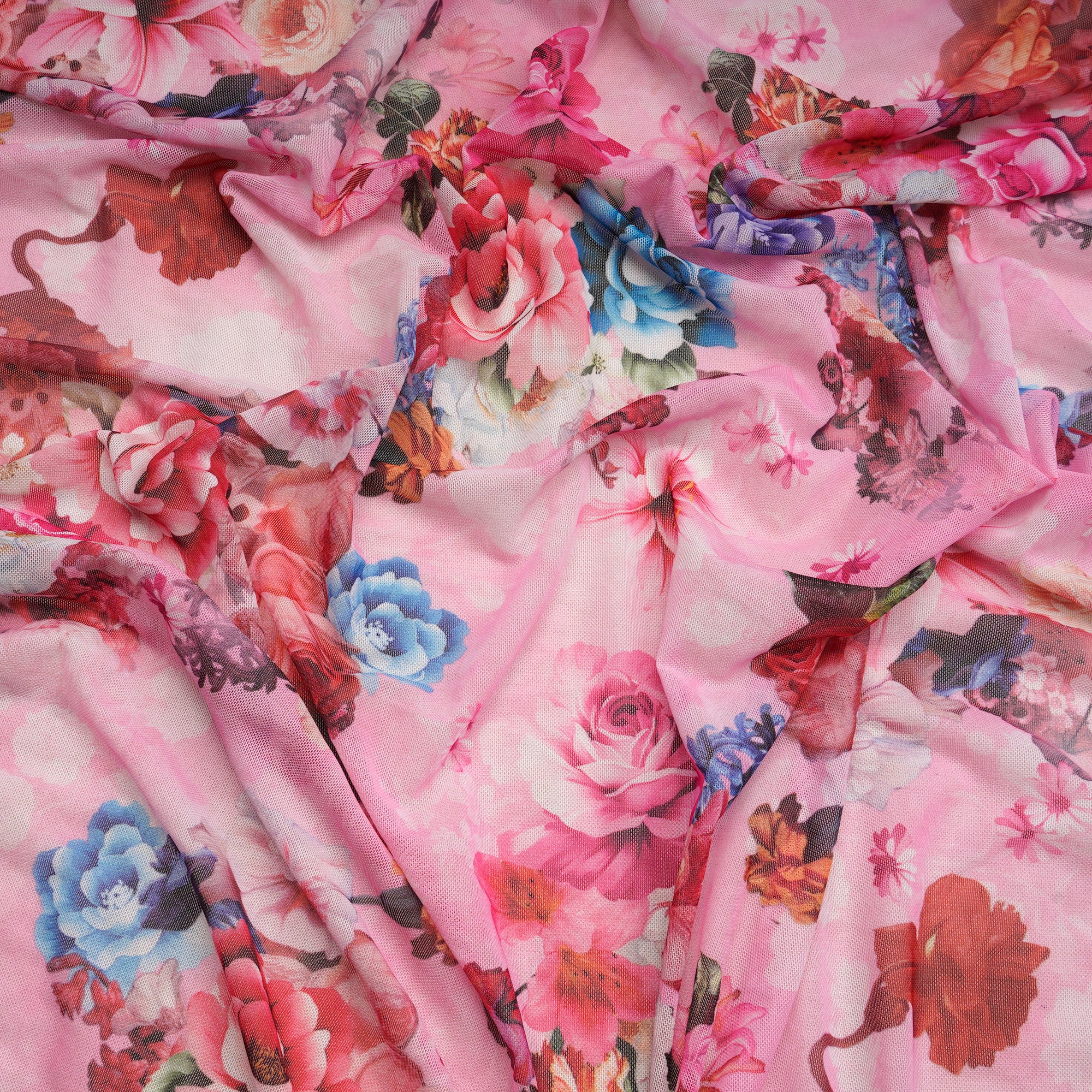 Prism Pink Floral Pattern Screen Print Net Lycra Fabric