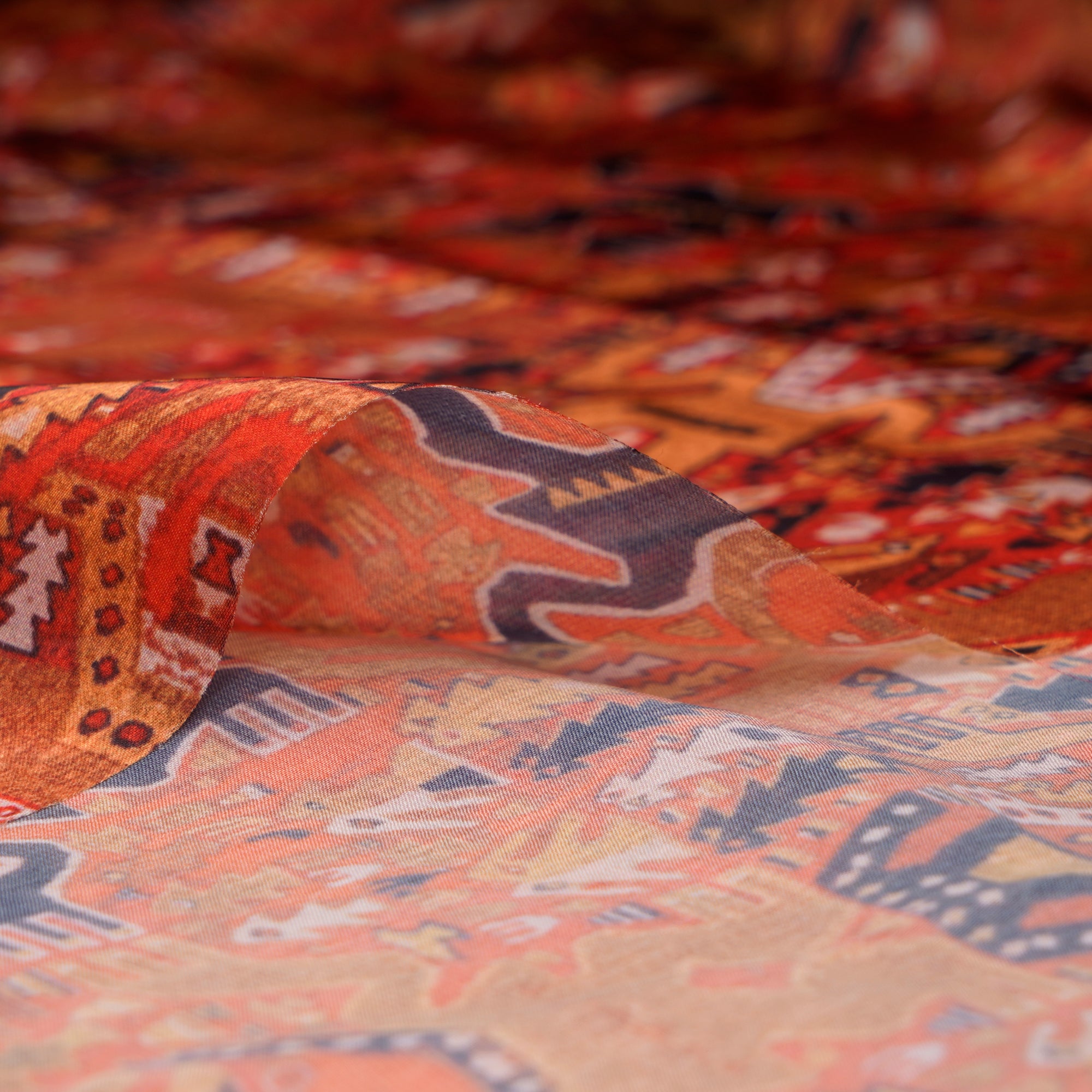 Red-Mustard Color Printed Satin Chiffon Fabric