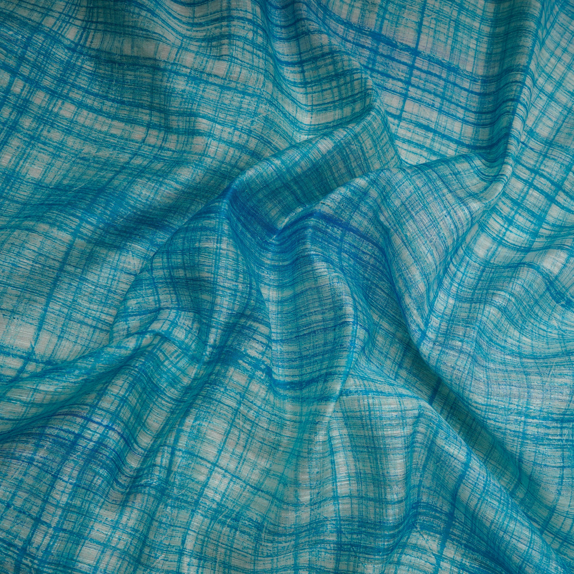 Sky Blue Check Pattern Screen Print Noile Silk Fabric