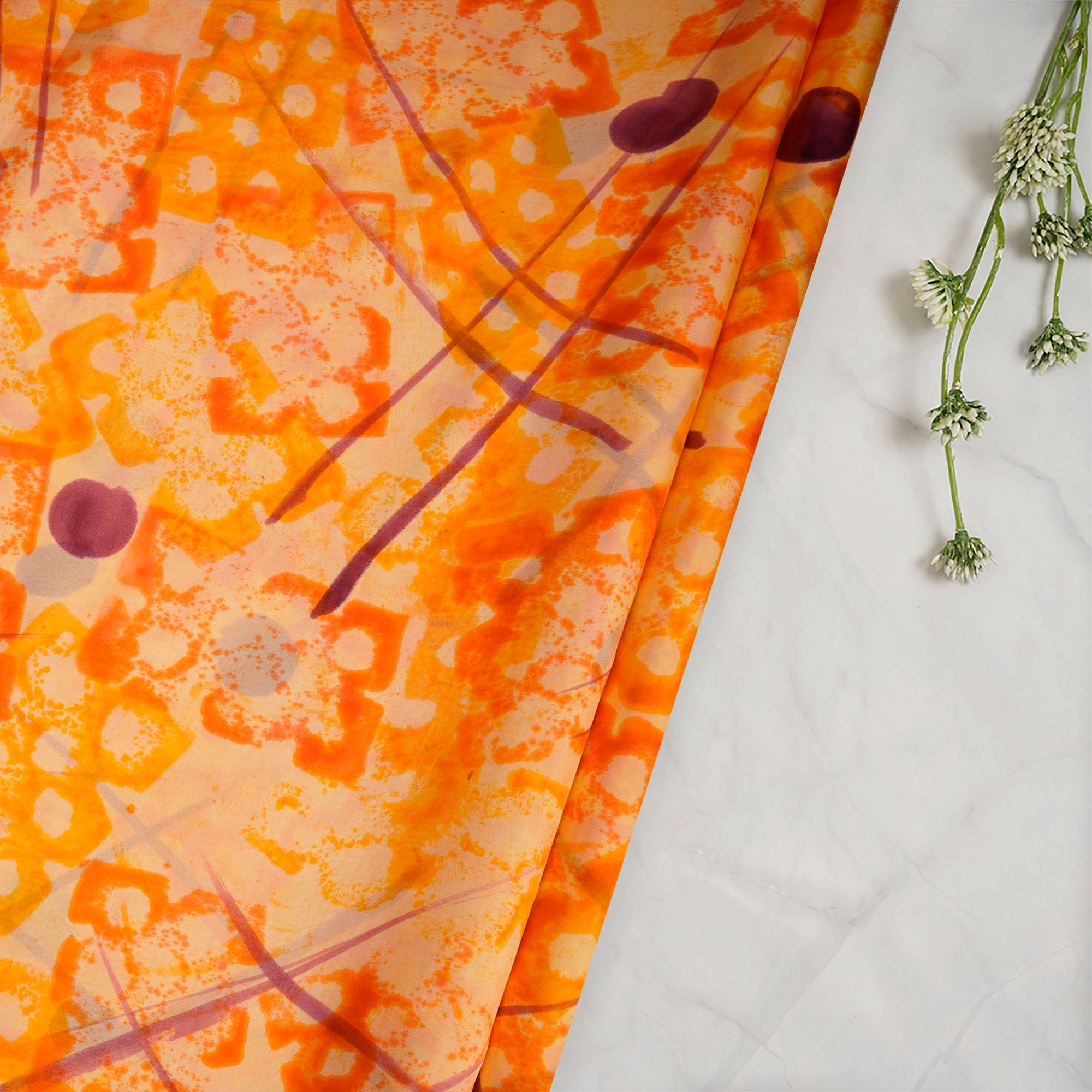 Orange Color Printed Satin Silk Fabric