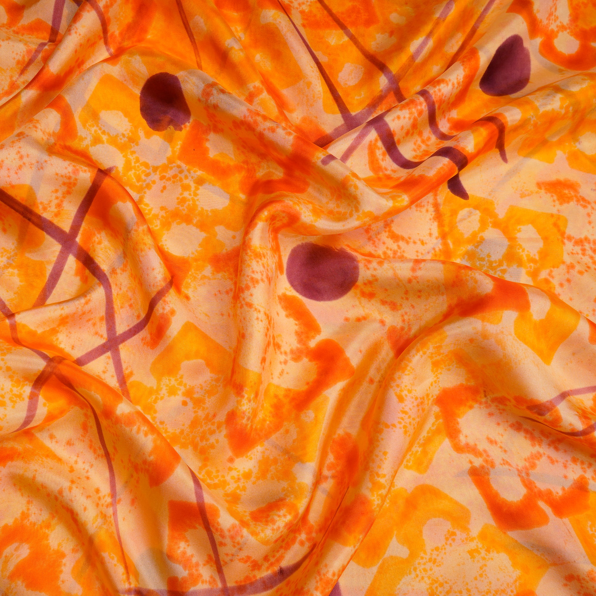 Orange Color Printed Satin Silk Fabric