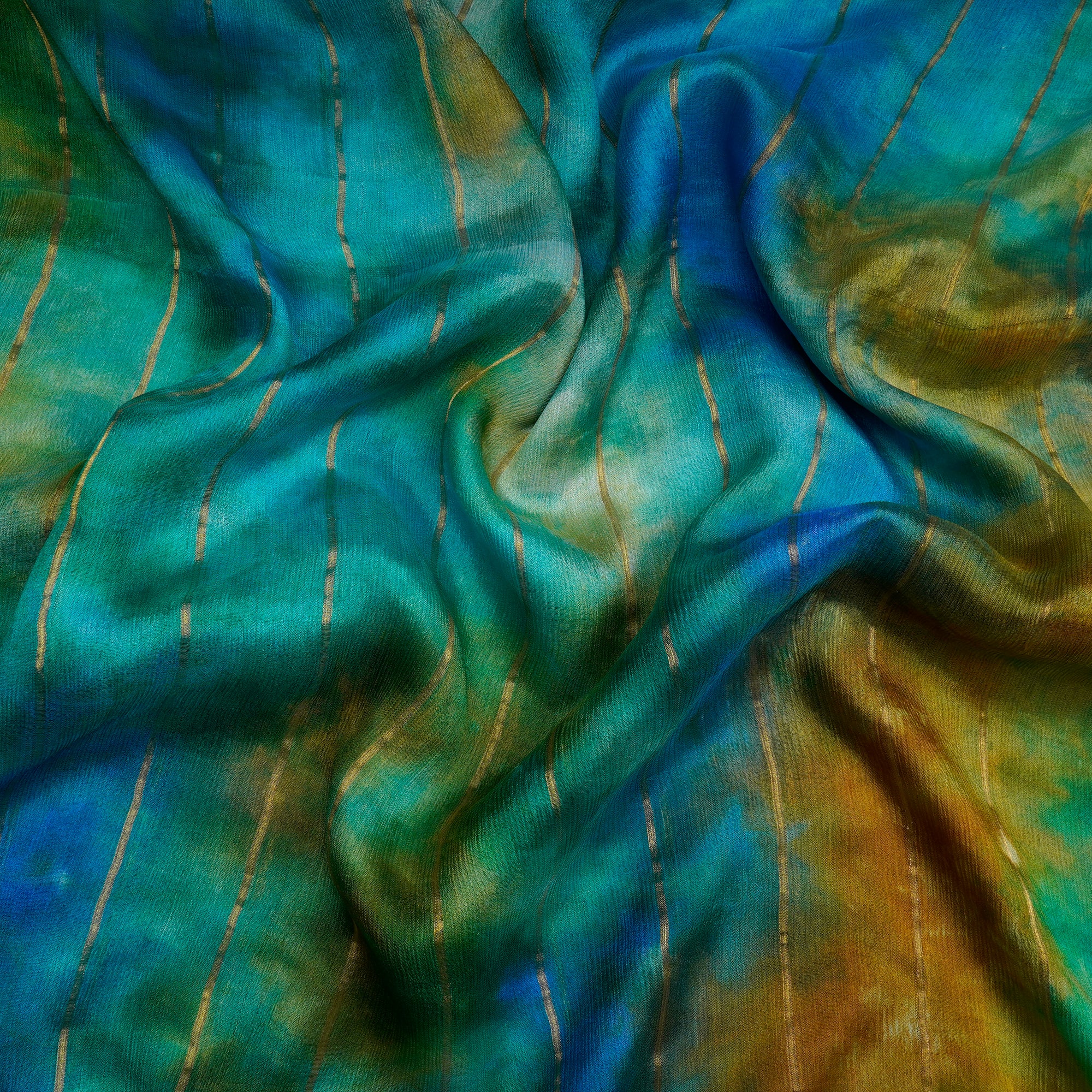 Blue-Green Handcrafted Tie and Dye Pattern Screen Print Crepe Fabric