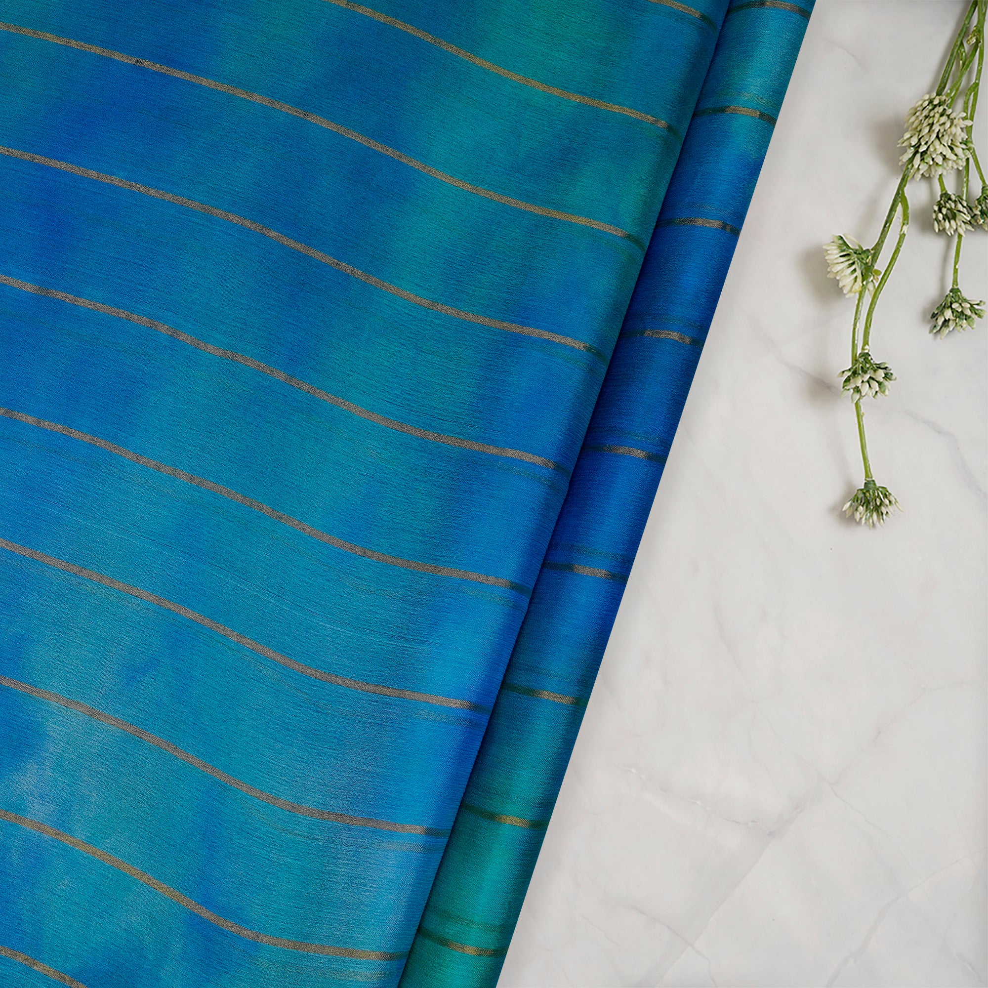 Blue Handcrafted Tie and Dye Pattern Screen Print Crepe Fabric