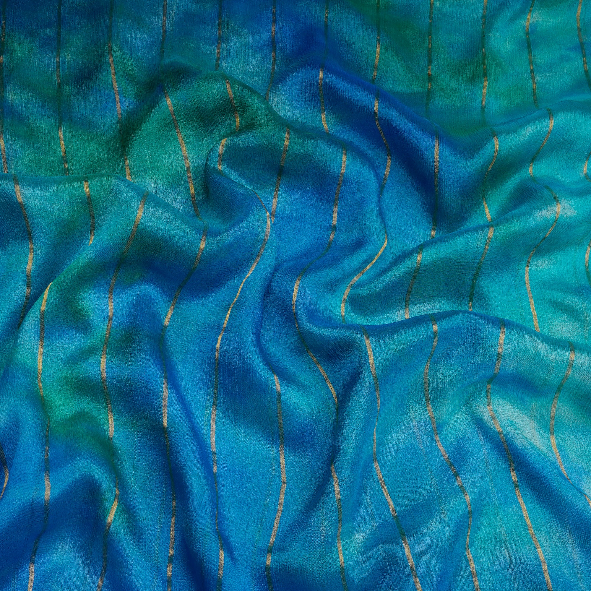 Blue Handcrafted Tie and Dye Pattern Screen Print Crepe Fabric