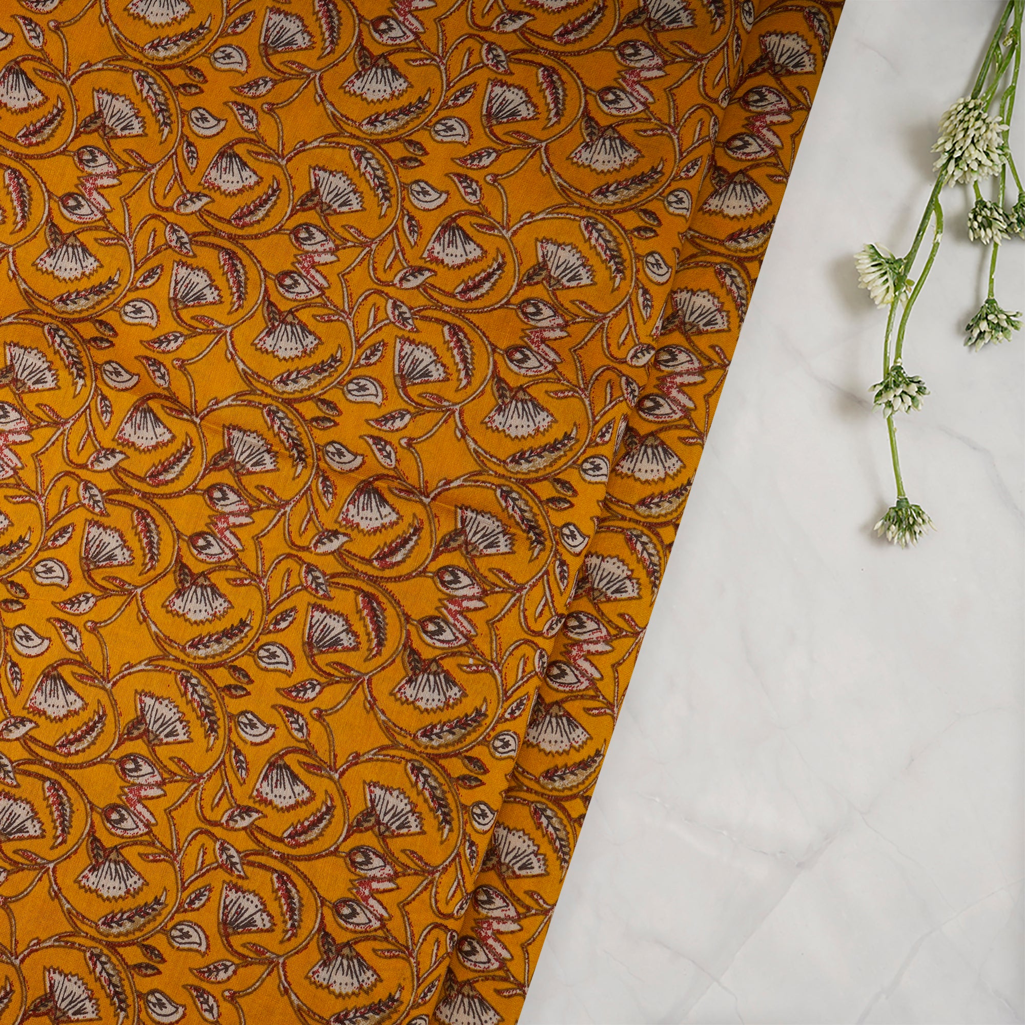 Mustard Yellow Color Printed Chanderi Fabric