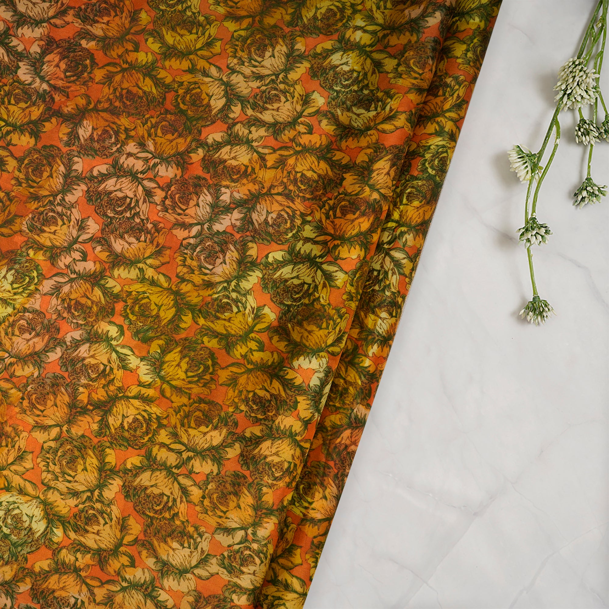 Yellow-Orange Color Printed Plain Silk Fabric