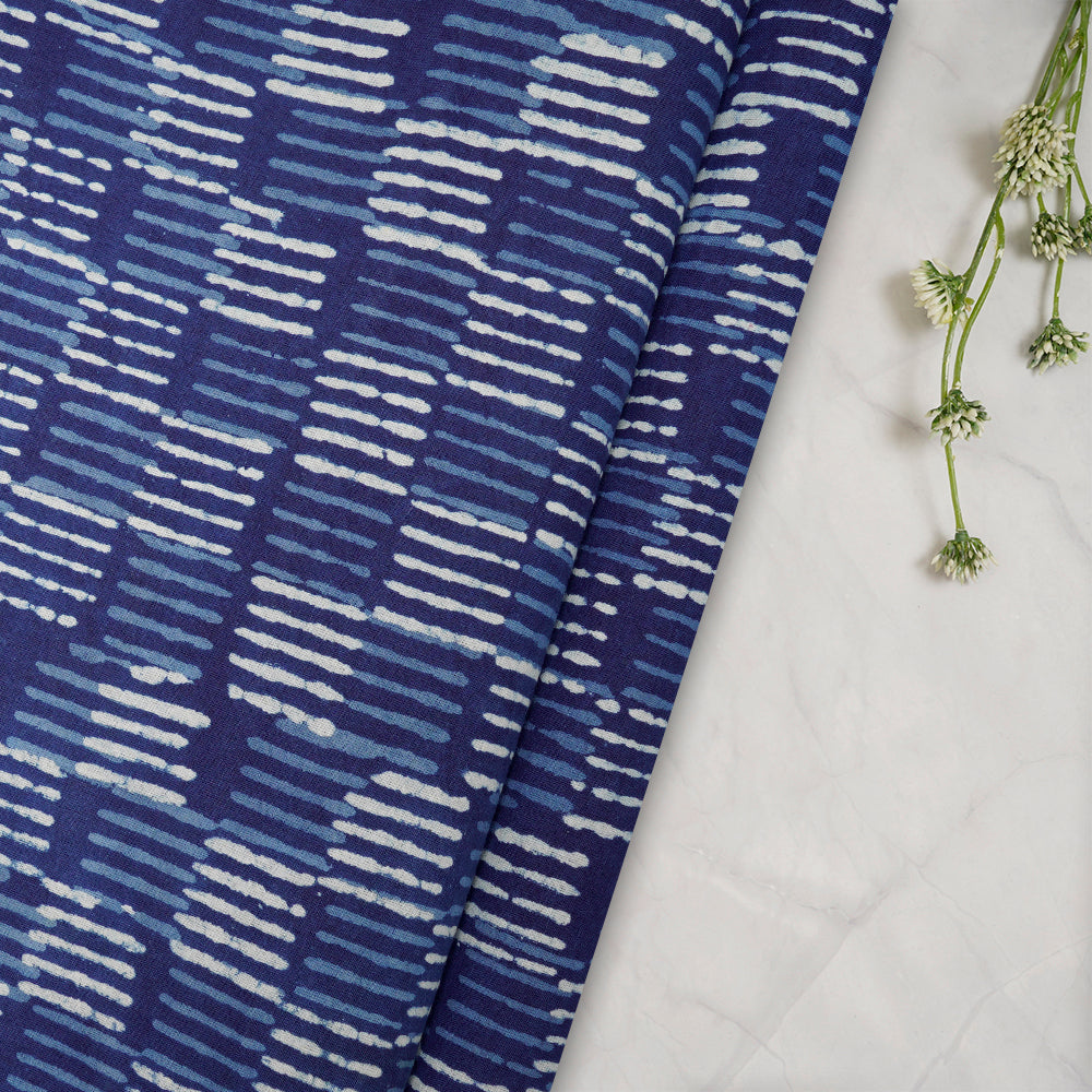 (Pre-Cut 3.65 Mtr)Blue Color Hand Block Bagru Natural Dye Indigo Printed Cotton Fabric