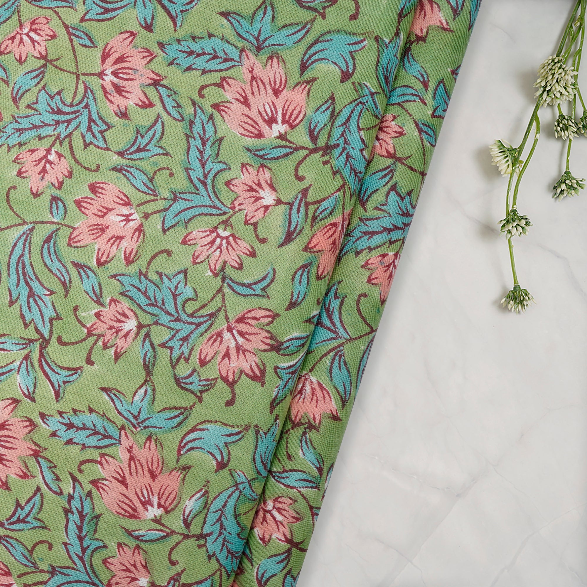 Greengage Floral Pattern Natural Dye Hand Block Bagru Printed Cotton Fabric