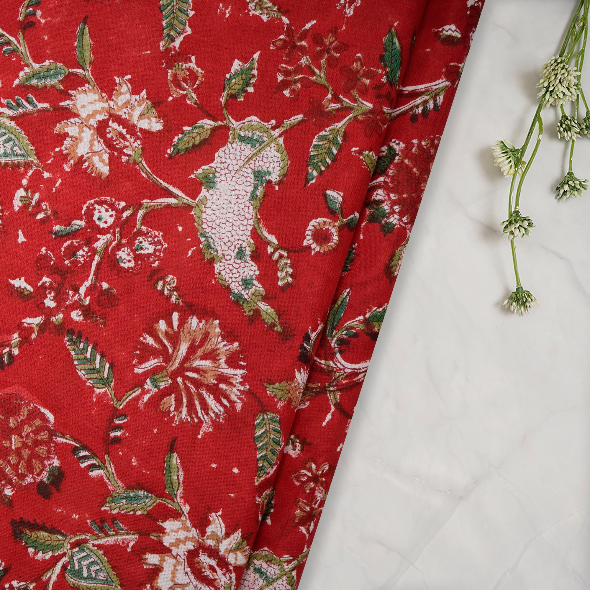 Goji Berry Floral Pattern Natural Dye Hand Block Bagru Printed Cotton Fabric