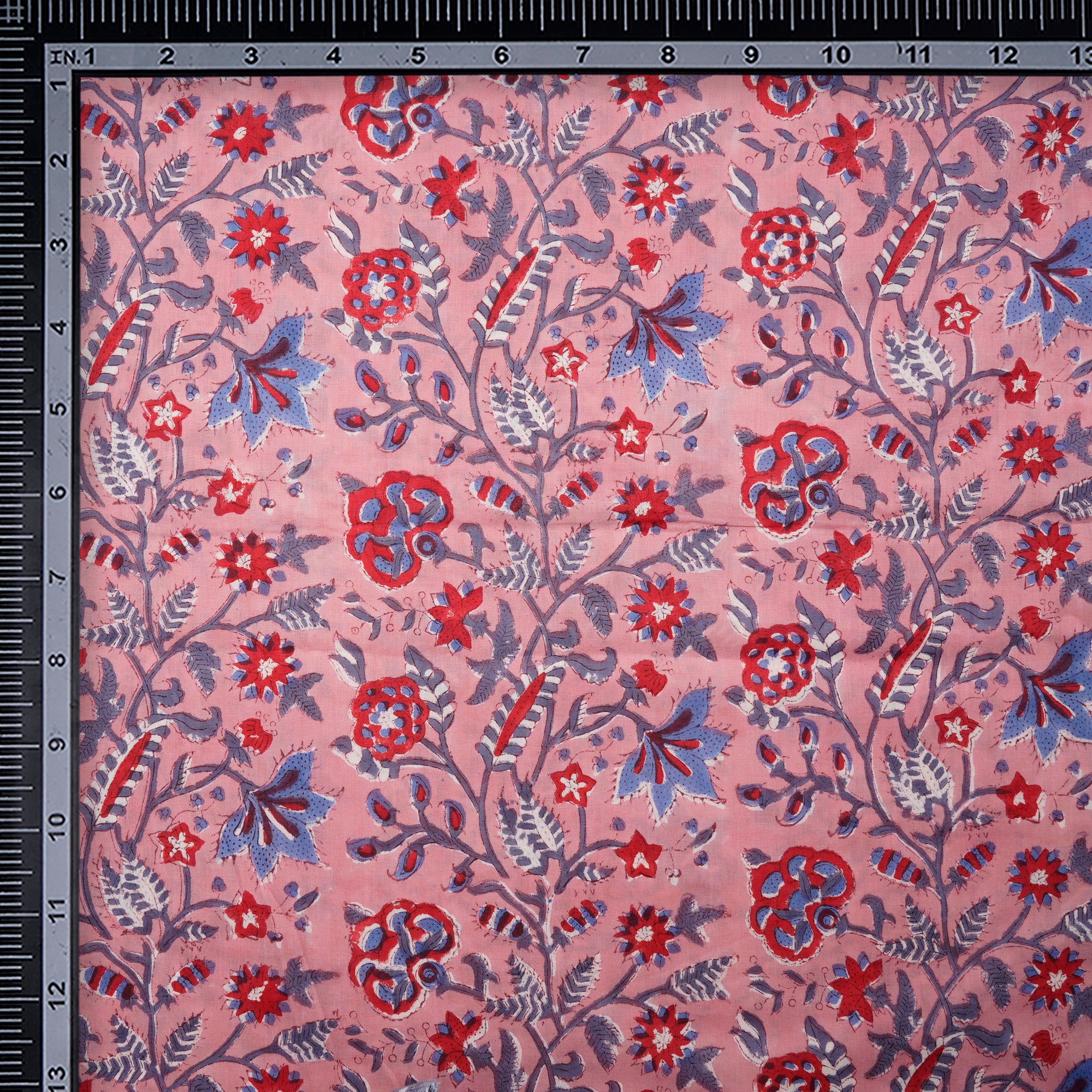 Candy Pink Floral Pattern Natural Dye Hand Block Bagru Printed Cotton Fabric