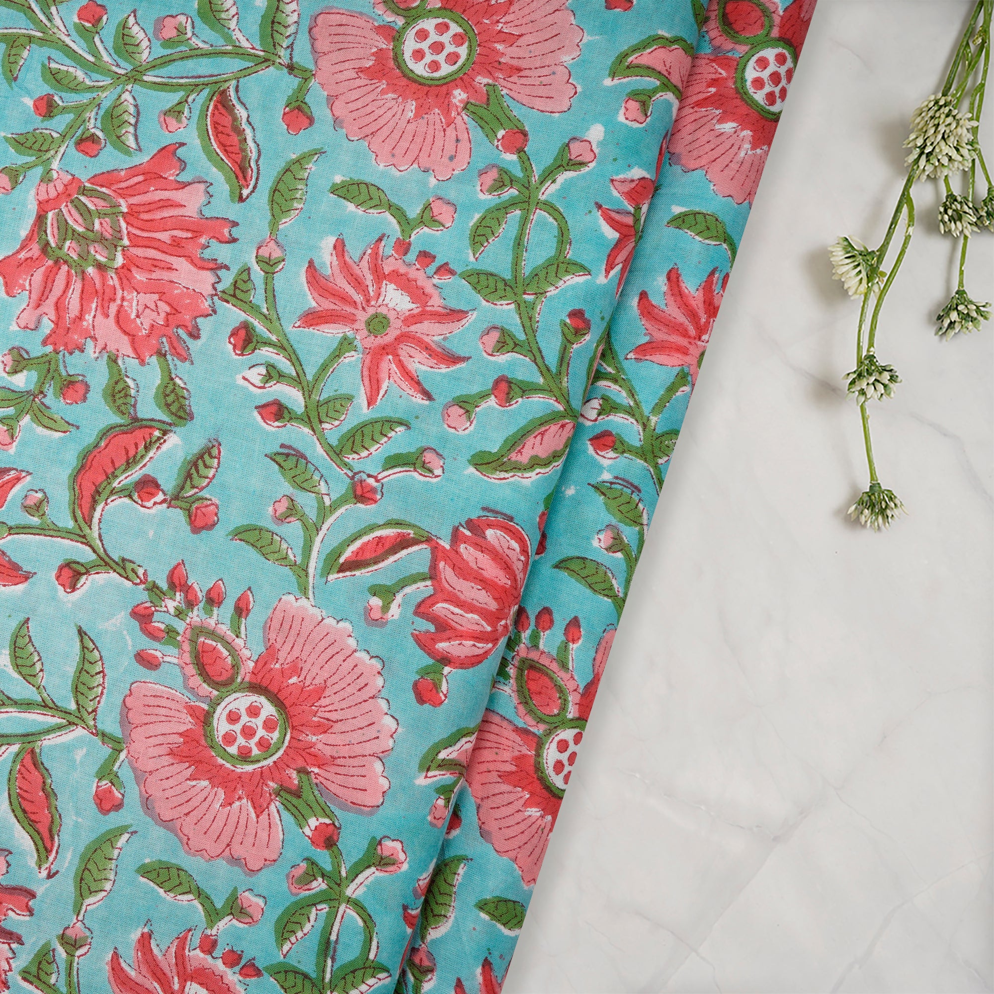 Aqua Sky Floral Pattern Natural Dye Hand Block Bagru Printed Cotton Fabric