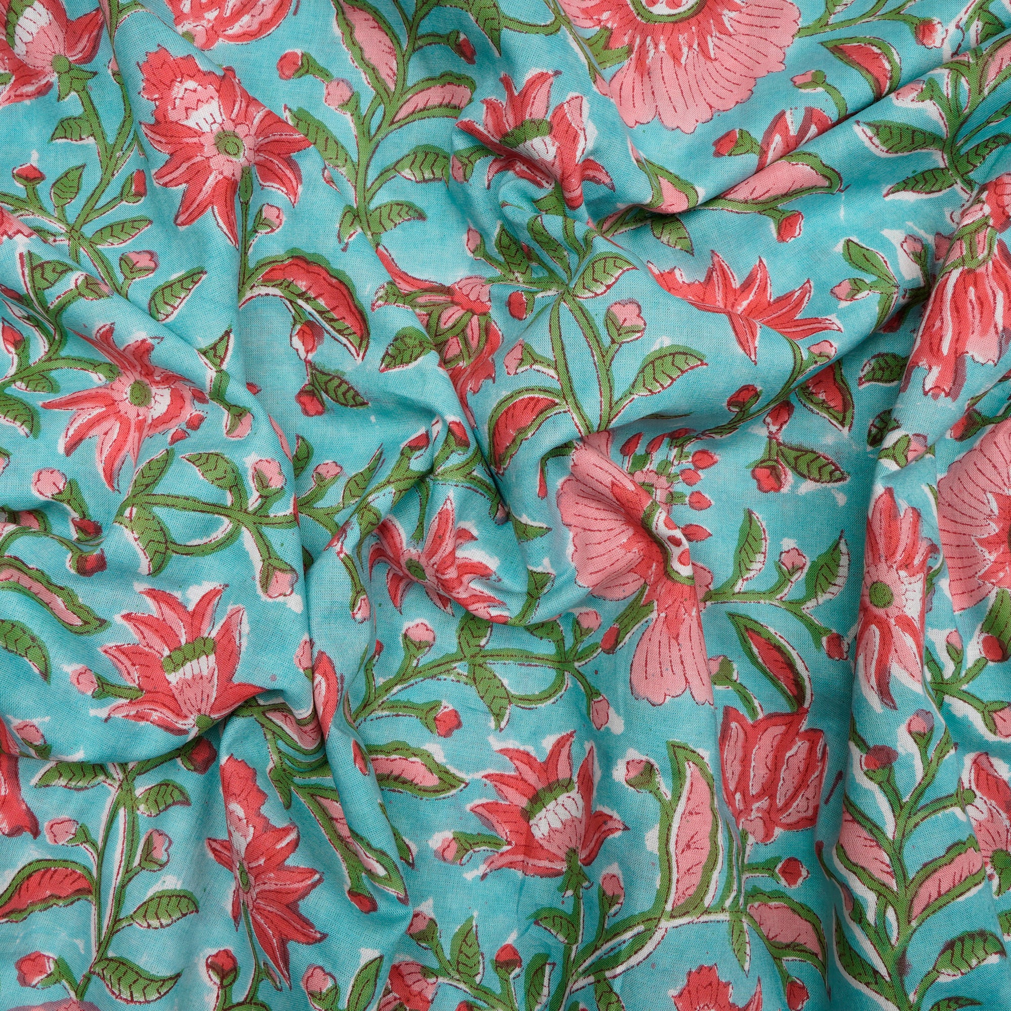 Aqua Sky Floral Pattern Natural Dye Hand Block Bagru Printed Cotton Fabric