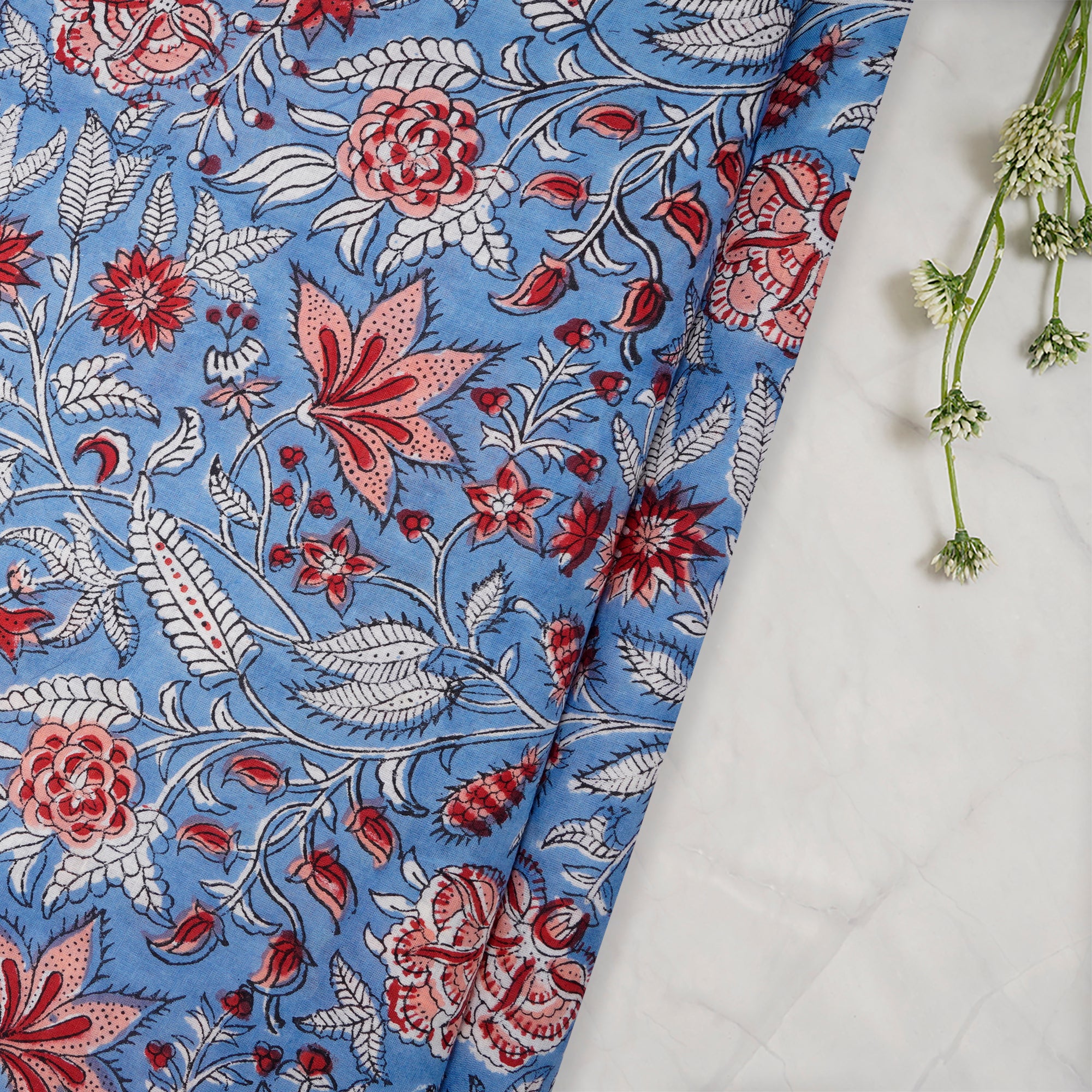 Blissful Blue Floral Pattern Natural Dye Hand Block Bagru Printed Cotton Fabric