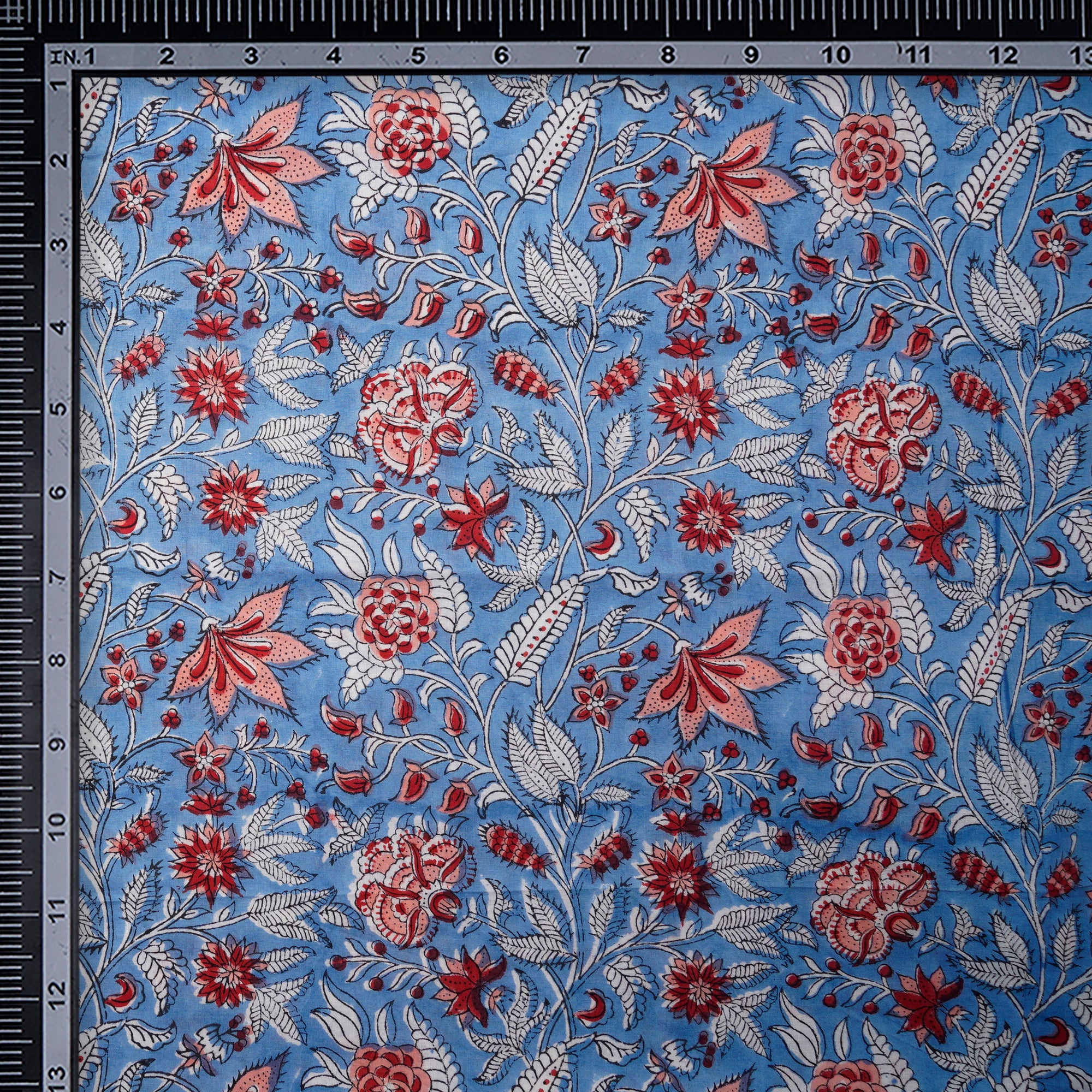 Blissful Blue Floral Pattern Natural Dye Hand Block Bagru Printed Cotton Fabric