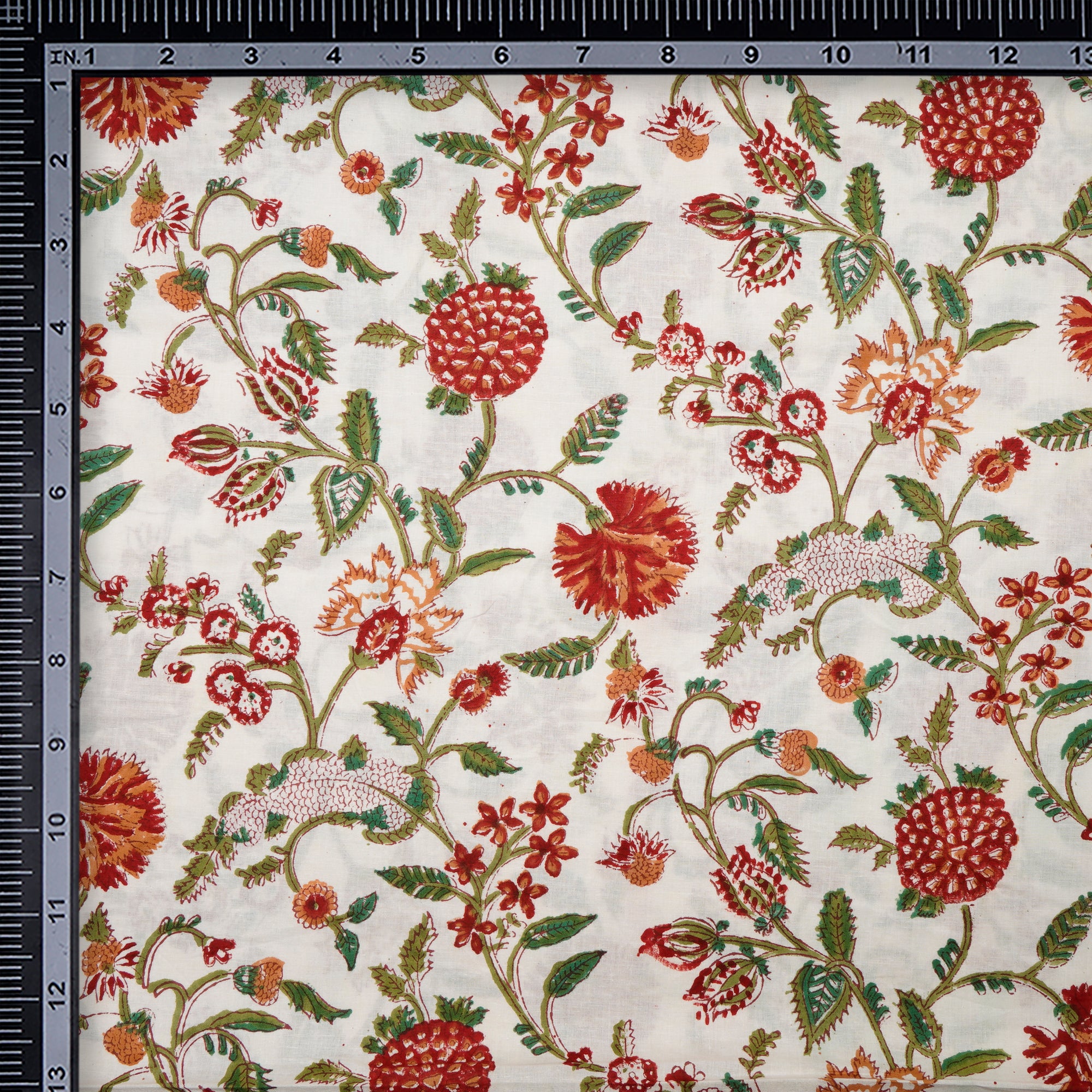 White Floral Pattern Natural Dye Hand Block Bagru Printed Cotton Fabric