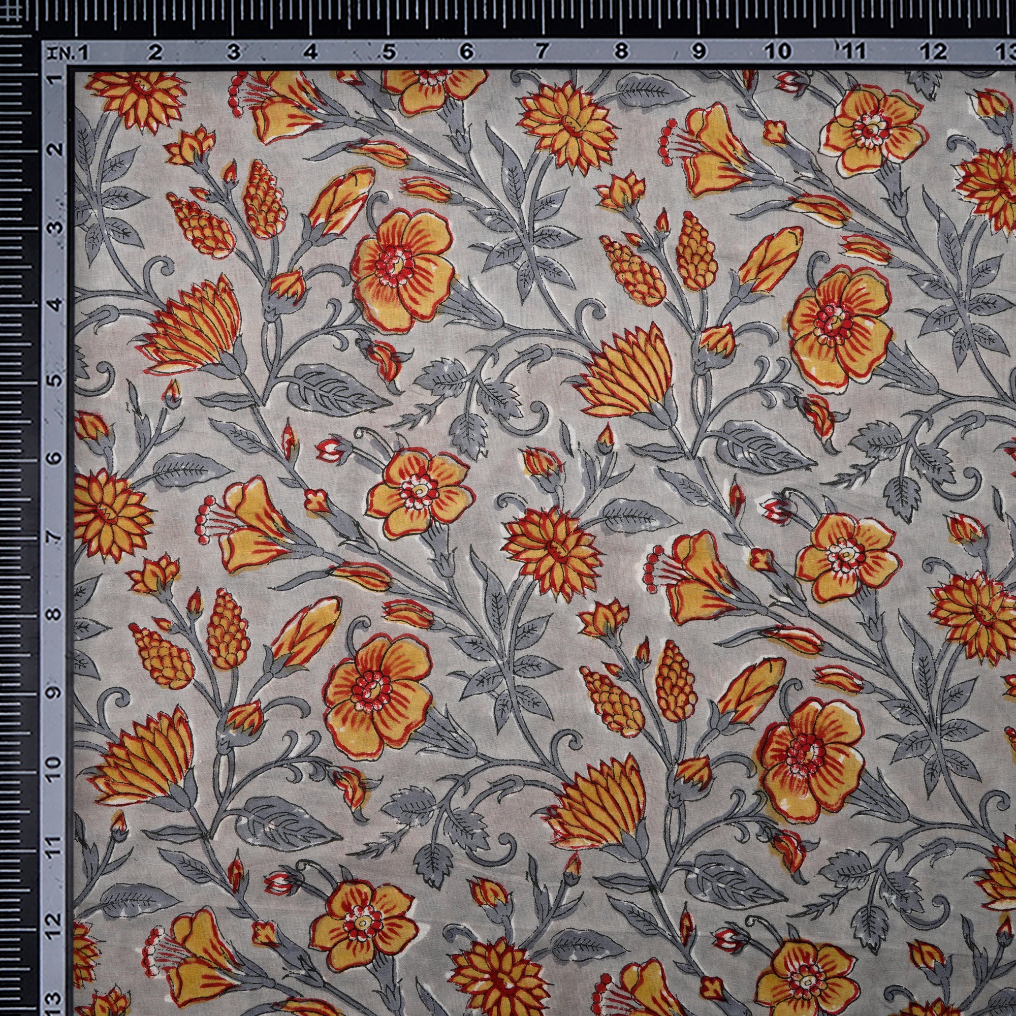 Mineral Gray Floral Pattern Natural Dye Hand Block Bagru Printed Cotton Fabric