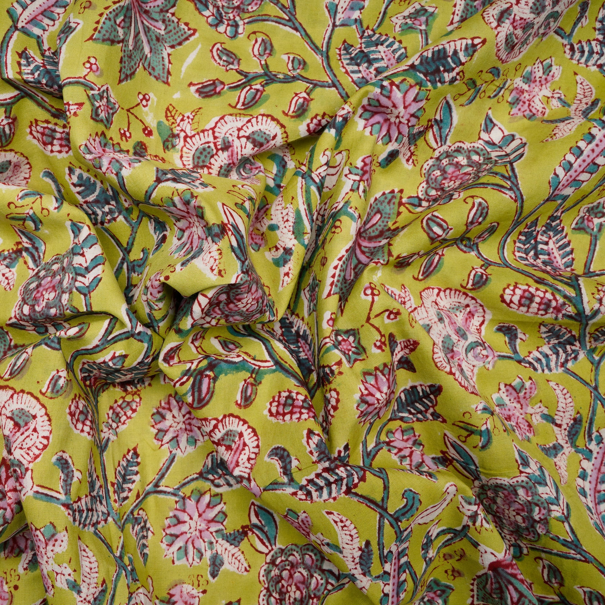 Daiquiri Green Floral Pattern Natural Dye Hand Block Bagru Printed Cotton Fabric