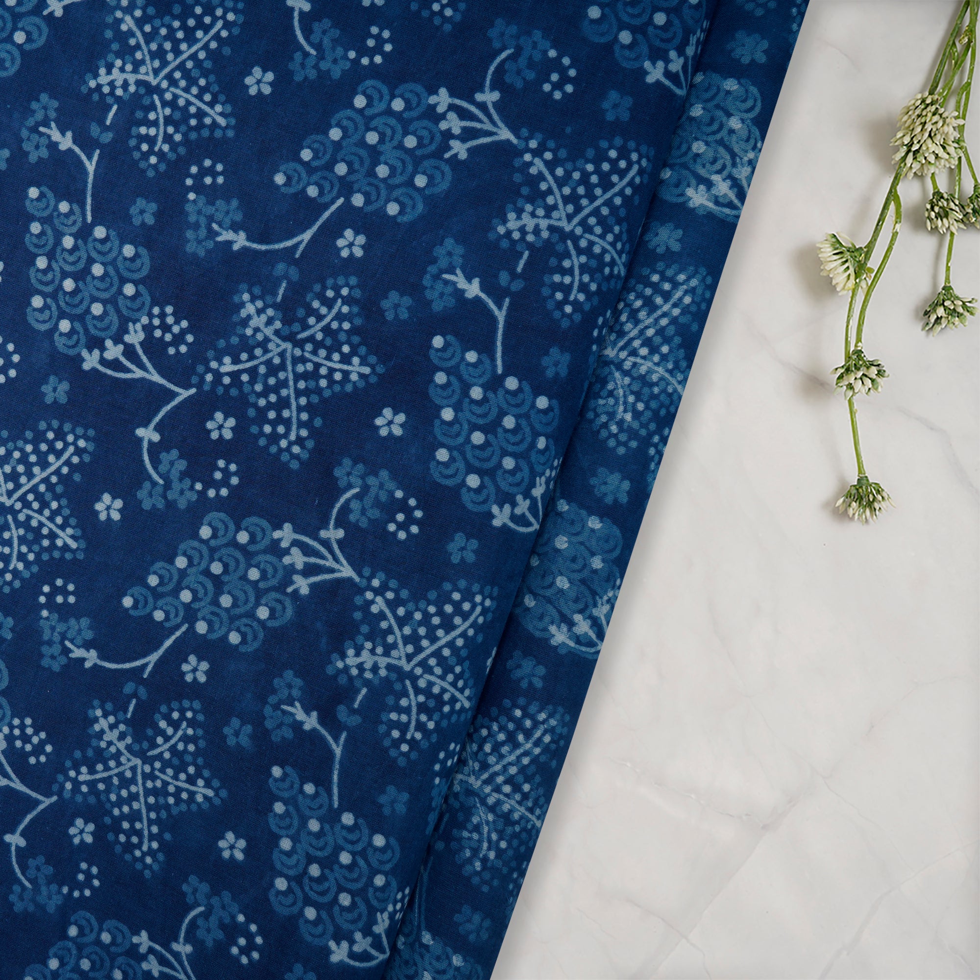Blue Hand Block Bagru Natural Dye Indigo Printed Cotton Fabric