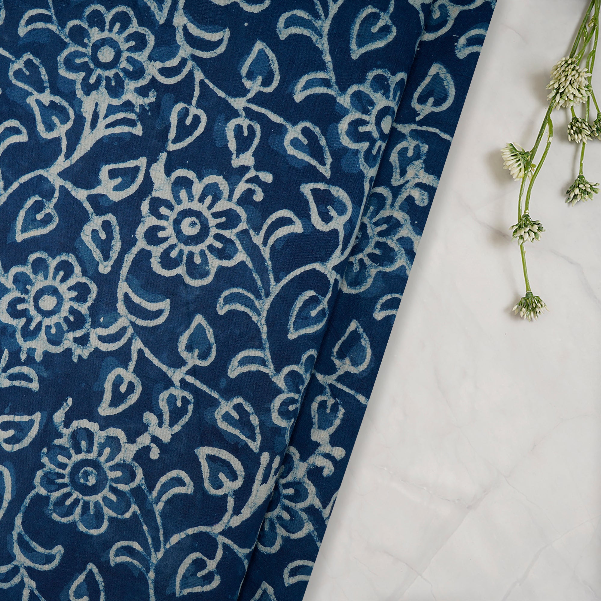 Blue Hand Block Bagru Natural Dye Indigo Printed Cotton Fabric