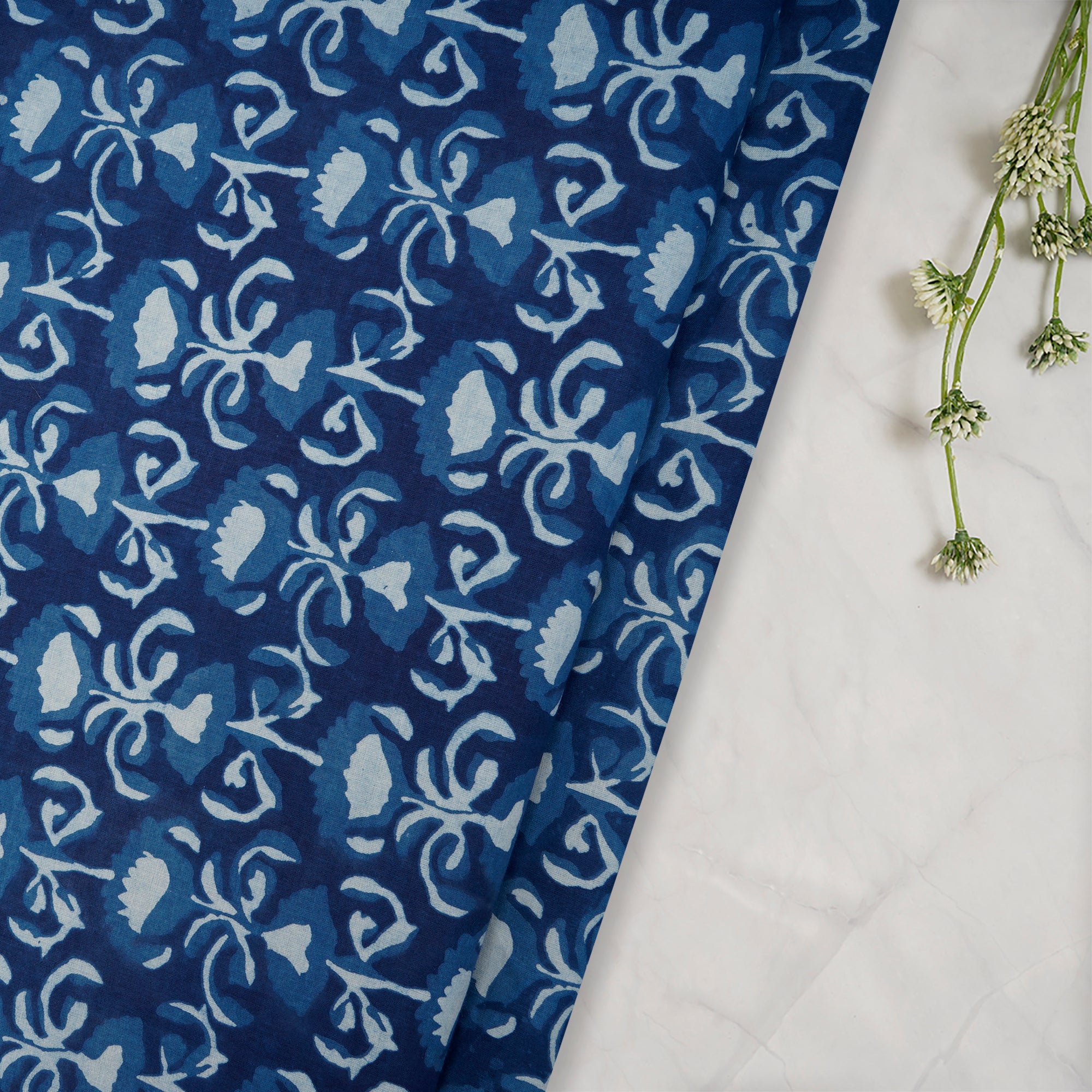 Blue Hand Block Bagru Natural Dye Indigo Printed Cotton Fabric