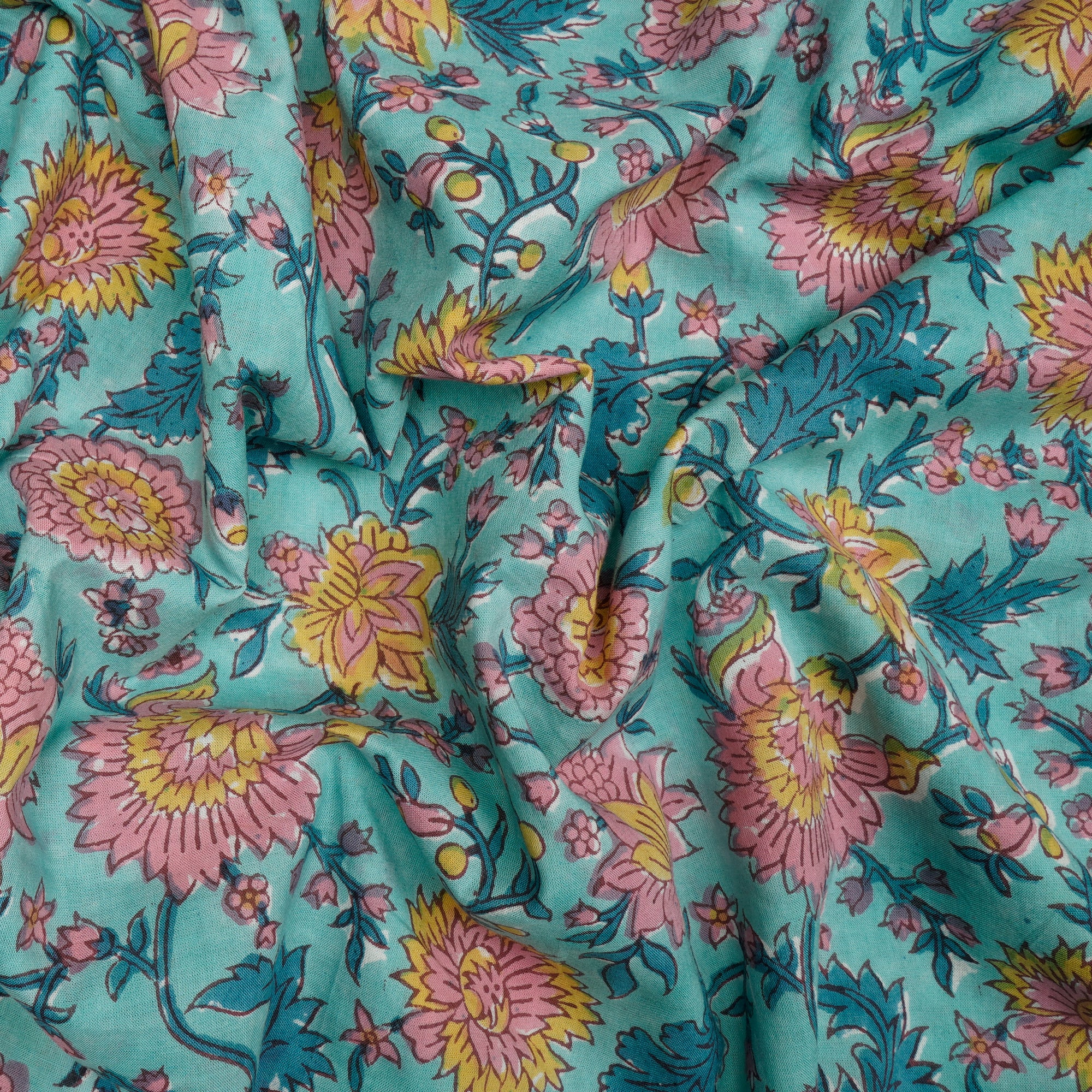 Pool Blue Floral Pattern Natural Dye Hand Block Bagru Printed Cotton Fabric