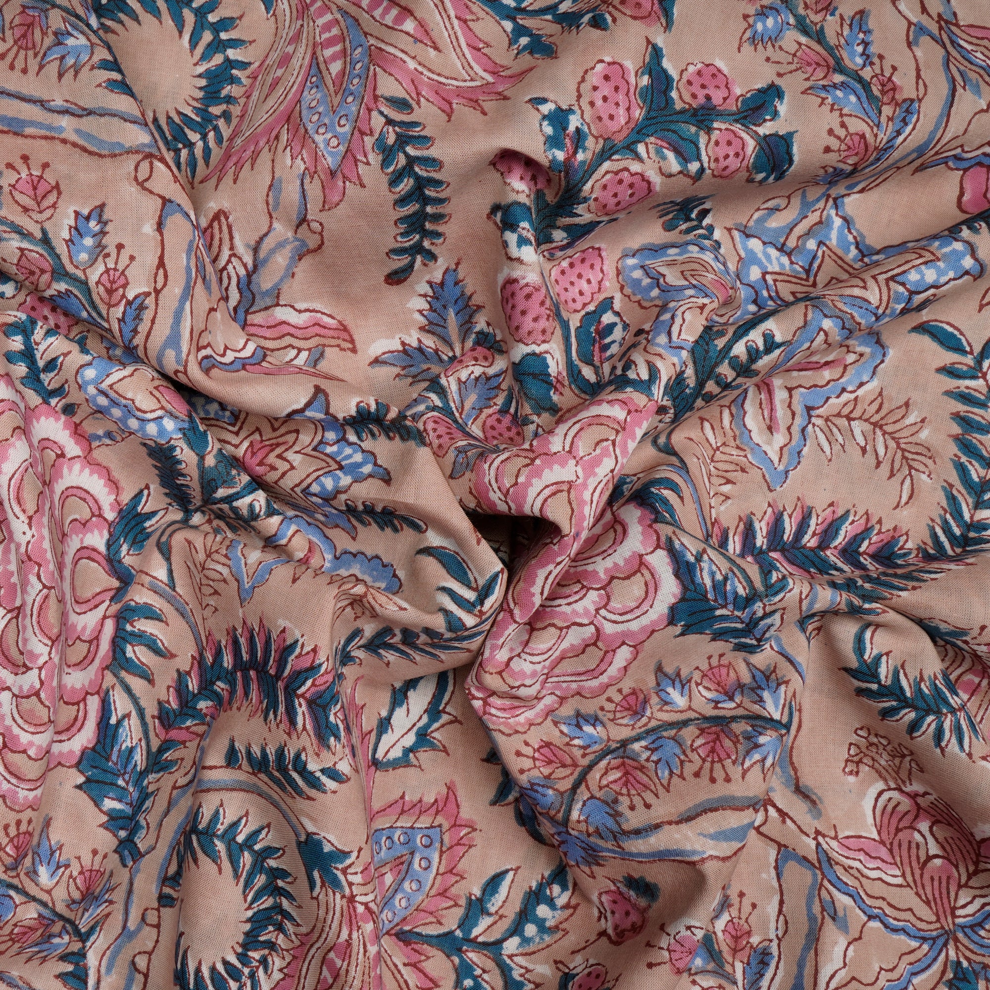 Beige Floral Pattern Natural Dye Hand Block Bagru Printed Cotton Fabric