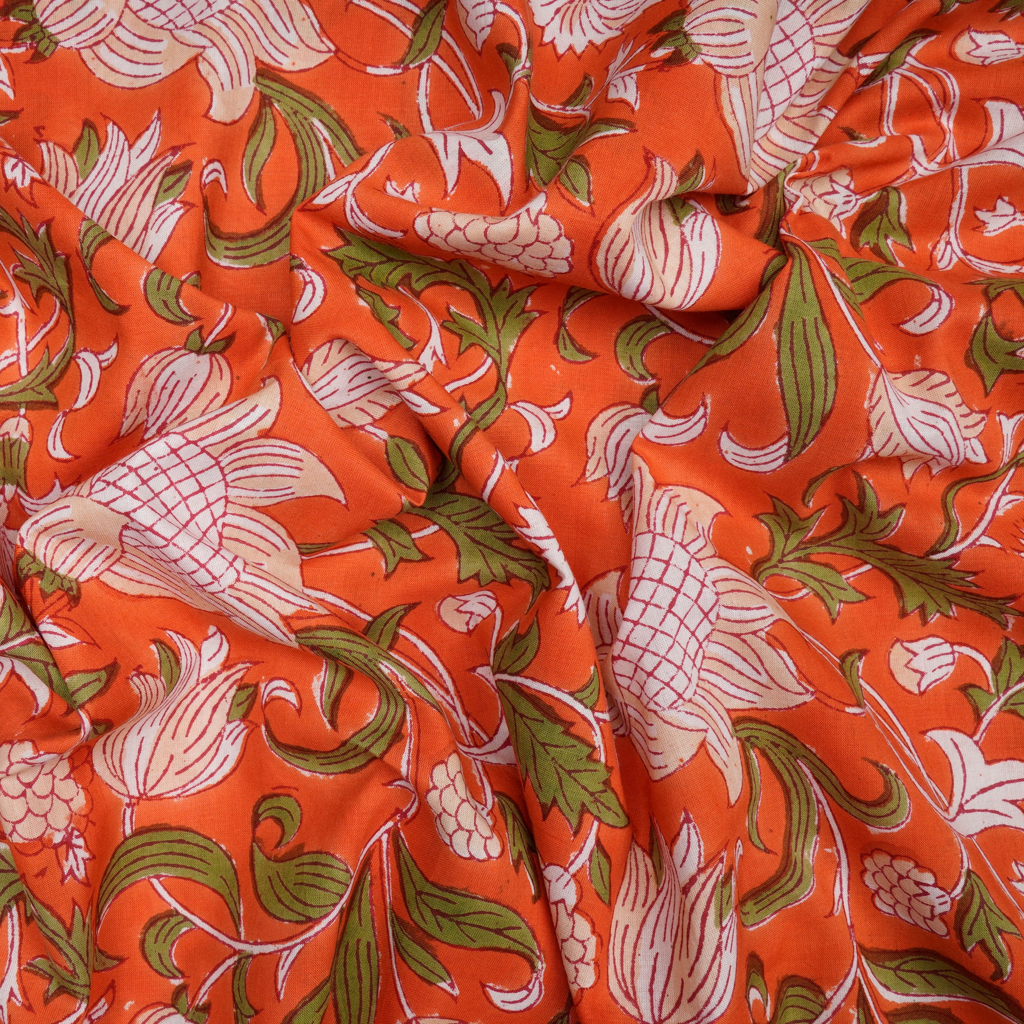 Orange Floral Pattern Natural Dye Hand Block Bagru Printed Cotton Fabric