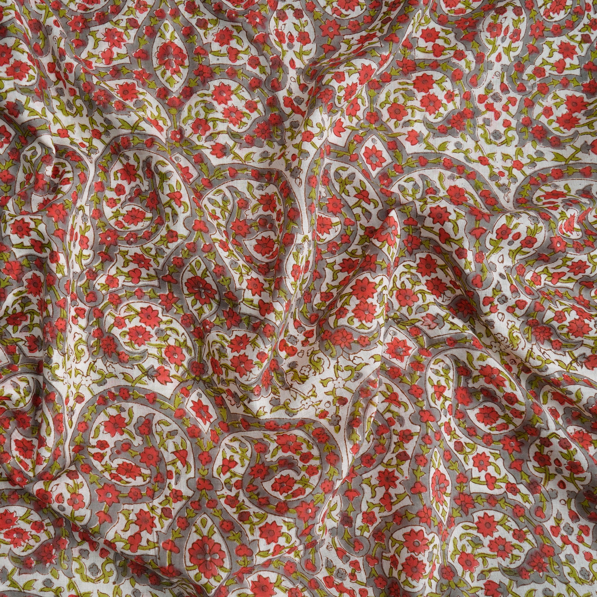 White Floral Pattern Hand Block Printed Cotton Mulmul Fabric