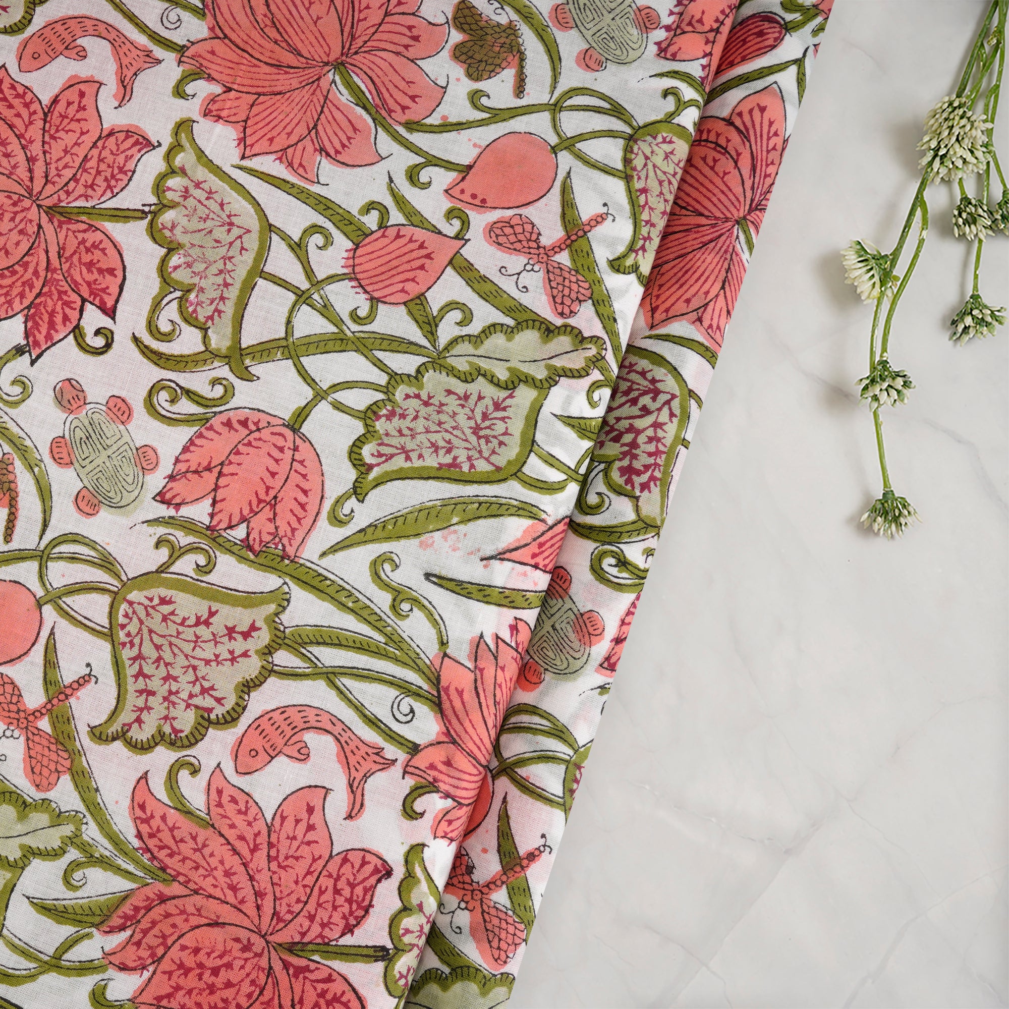 White Floral Pattern Hand Block Printed Cotton Mulmul Fabric