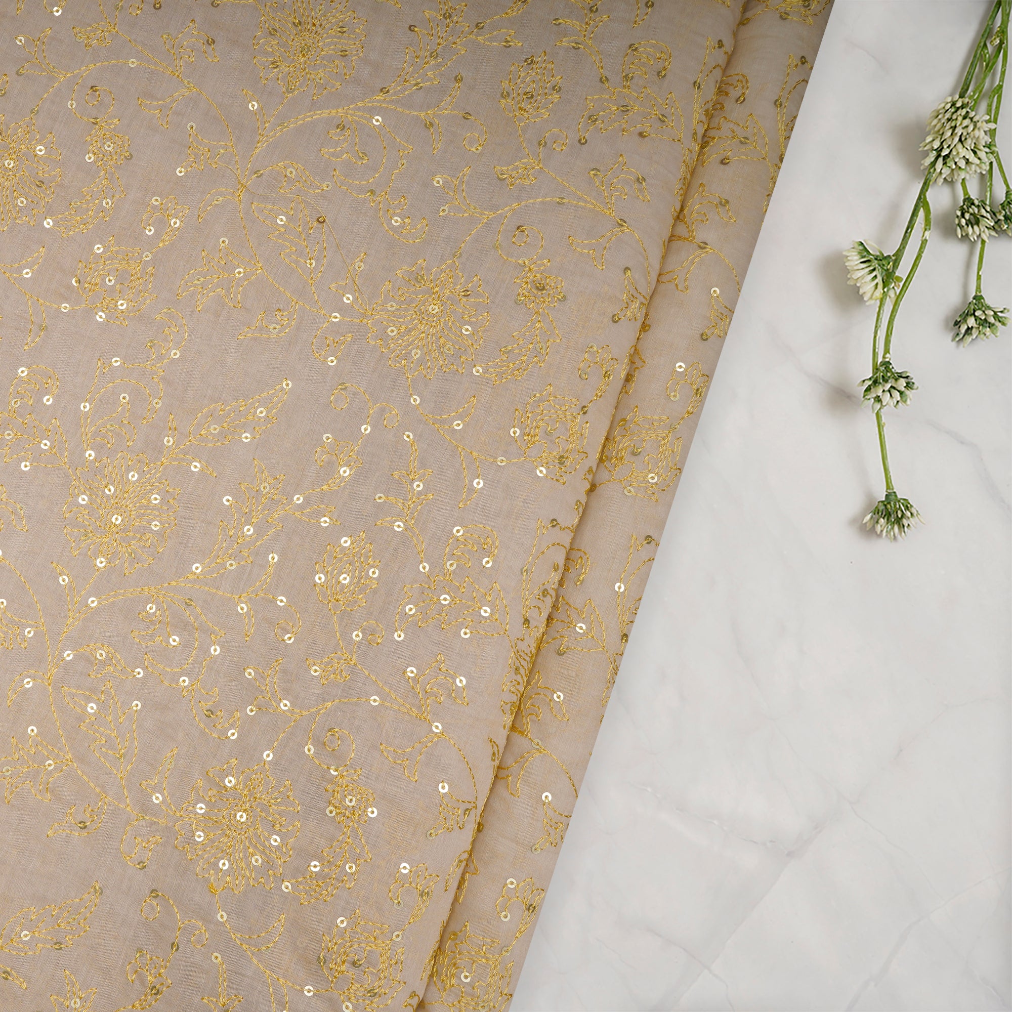 Peach Puff Color Embroidered Pure Chanderi Fabric