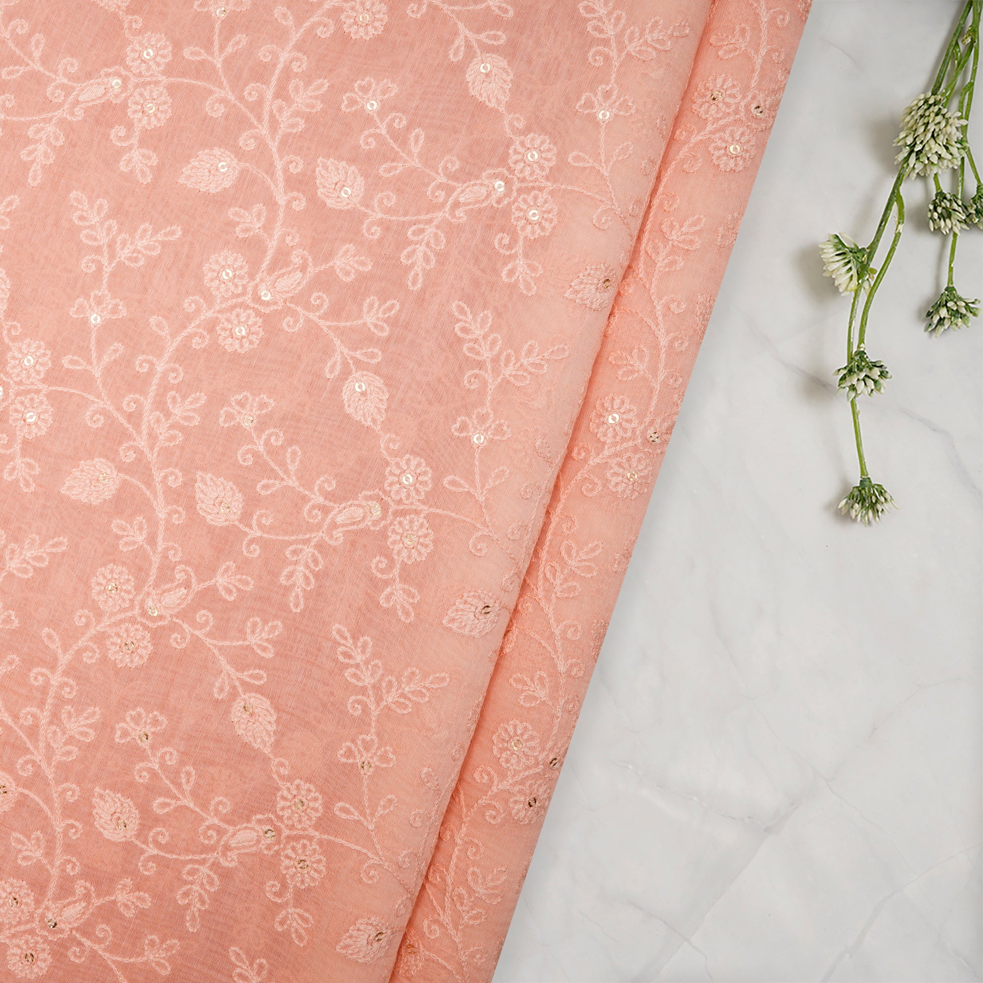 Peach Embroidered Pure Fine Chanderi Fabric